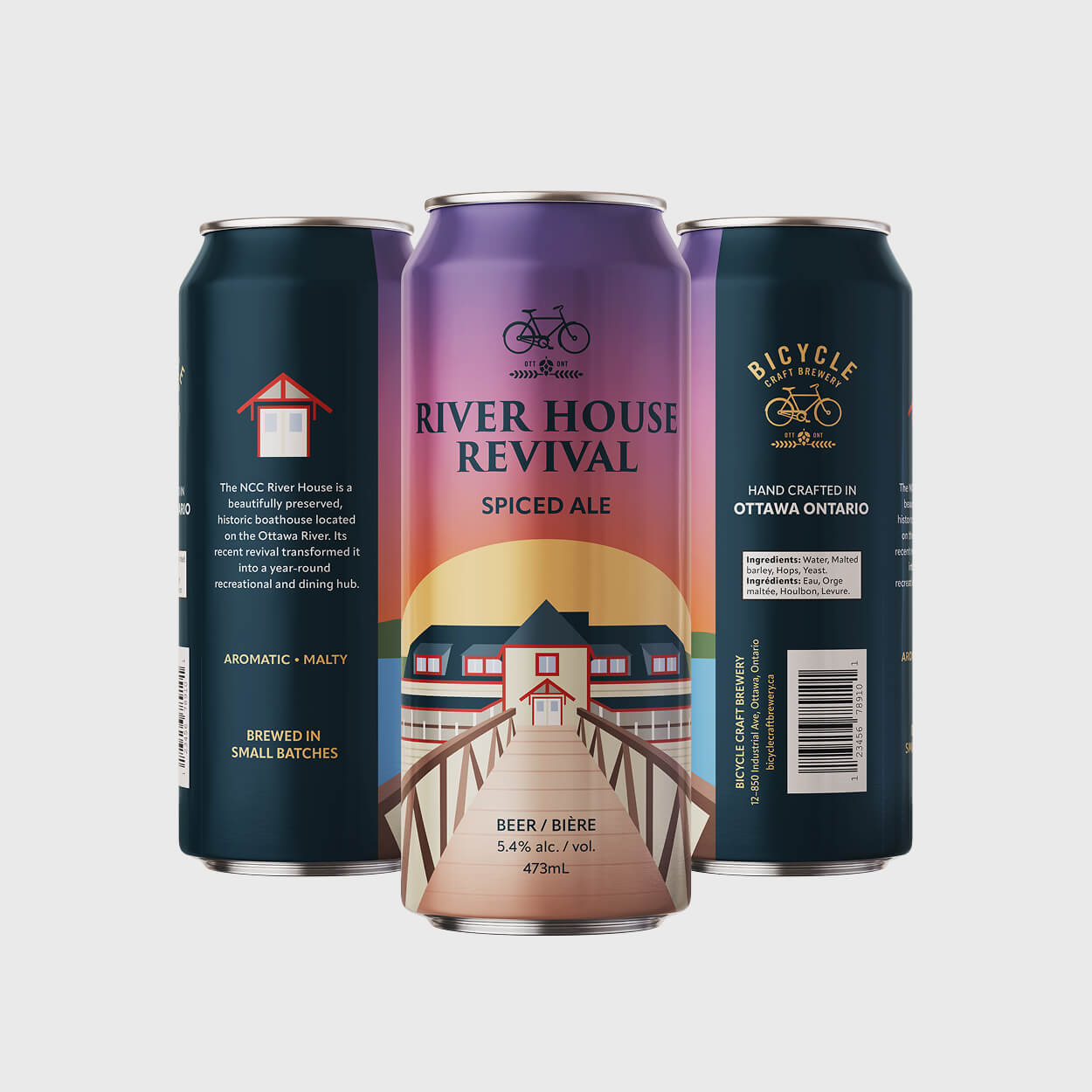 Three cans of Bicycle Craft Brewery's River House Revival Spiced Ale displaying front and side labels with a boathouse illustration and product details.