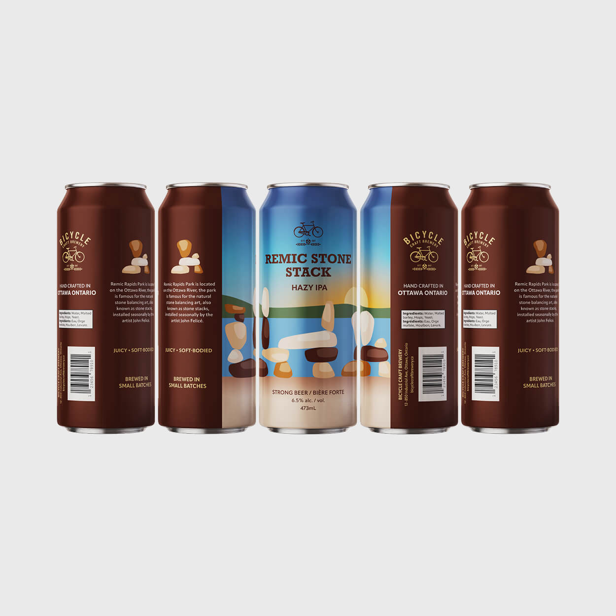 Six cans of Bicycle Craft Brewery's Remic Stone Stack Hazy IPA arranged to show front and back labels featuring illustrations of stone stacks and detailed product information.