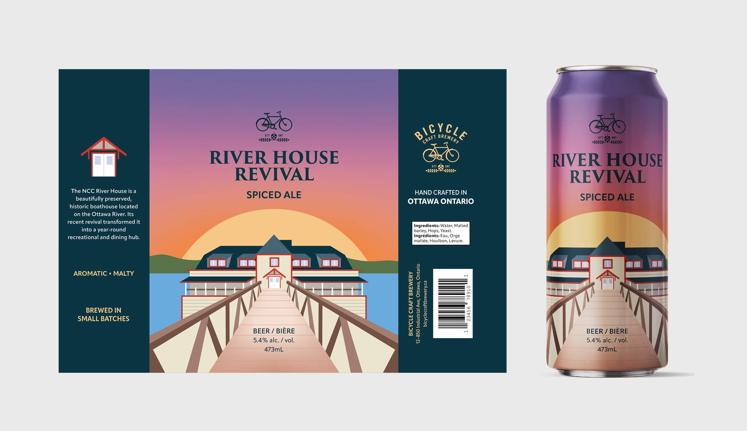 Beer can label for River House Revival Spiced Ale with illustration of a boathouse at sunset and a wooden pier leading to it.