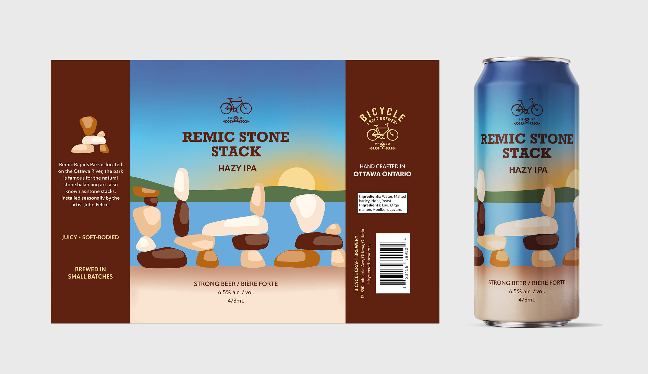 Label design and can of Remic Stone Stack Hazy IPA from Bicycle Craft Brewery with stacked stone artwork and sunset background.