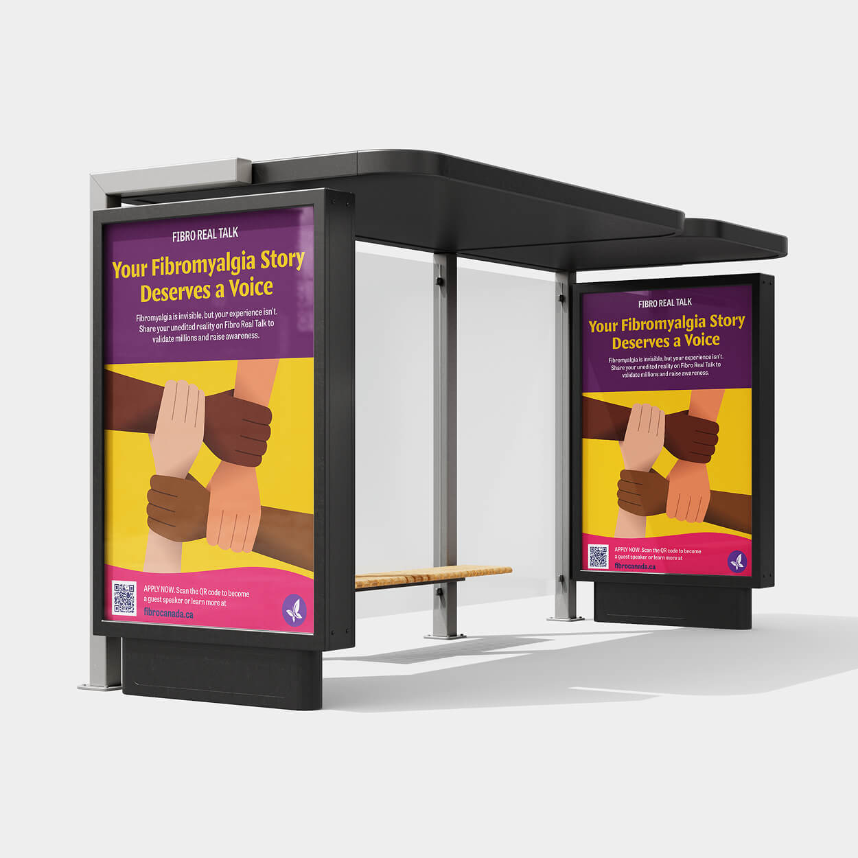Bus stop shelter displaying posters with diverse hands joined and text encouraging people with fibromyalgia to share their stories.