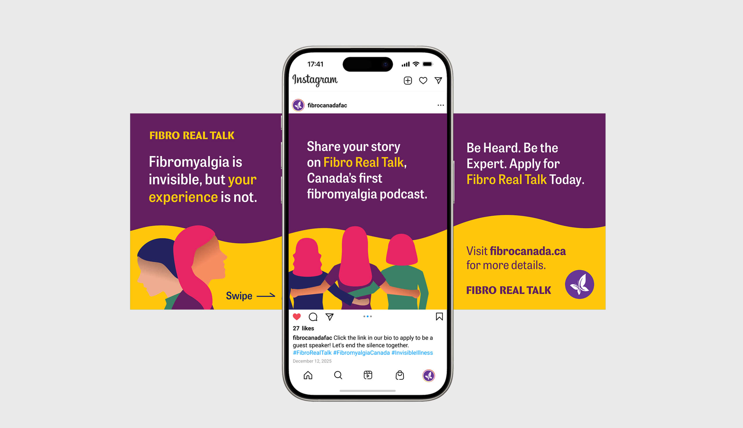 Instagram post promoting Fibro Real Talk podcast with message about fibromyalgia visibility, inviting experts to share stories and apply, featuring three illustrated women and a website link.