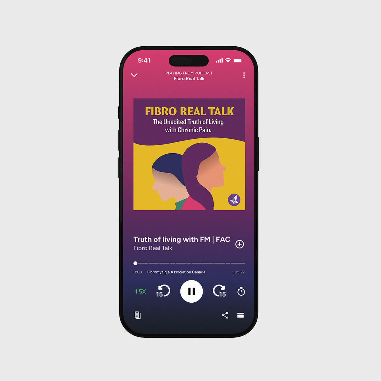 Smartphone screen showing a podcast titled Fibro Real Talk about living with chronic pain, with controls for playback at 1.5x speed and a 1 hour 5 minute episode.