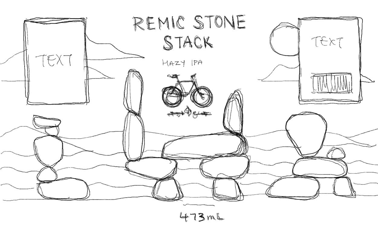 Hand-drawn sketch of stacked stone formations with text 'REMIC STONE STACK' and 'HAZY IPA' above a bicycle illustration.