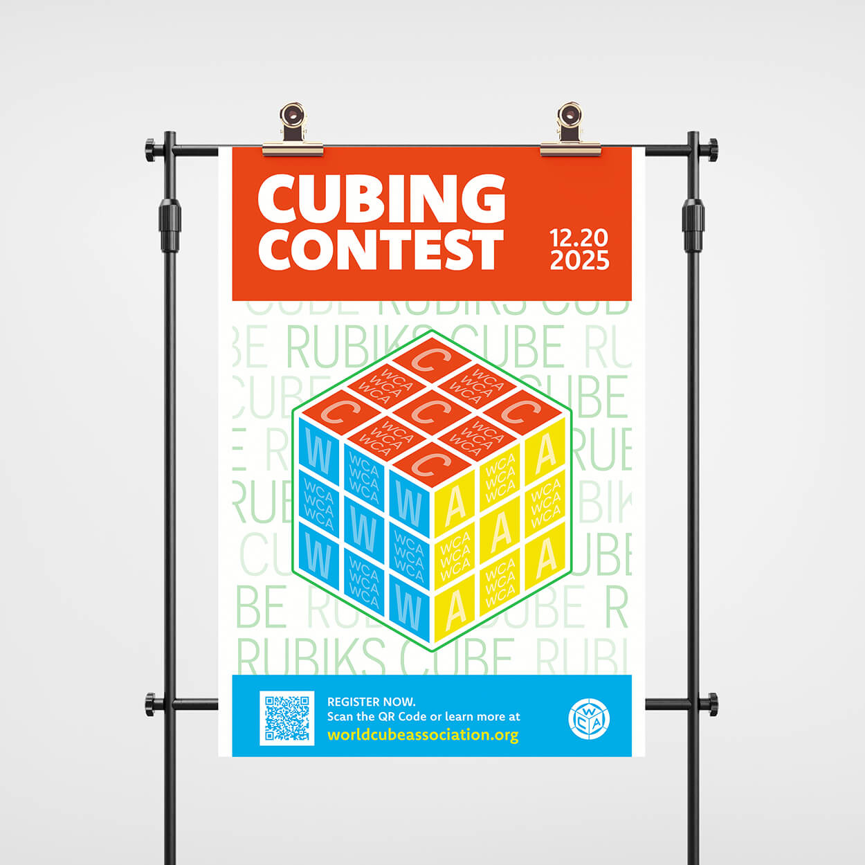 Poster for a Cubing Contest on December 20, 2025, featuring a colorful Rubik's cube with letters C, W, and A on its faces and registration details with a QR code for the World Cube Association.