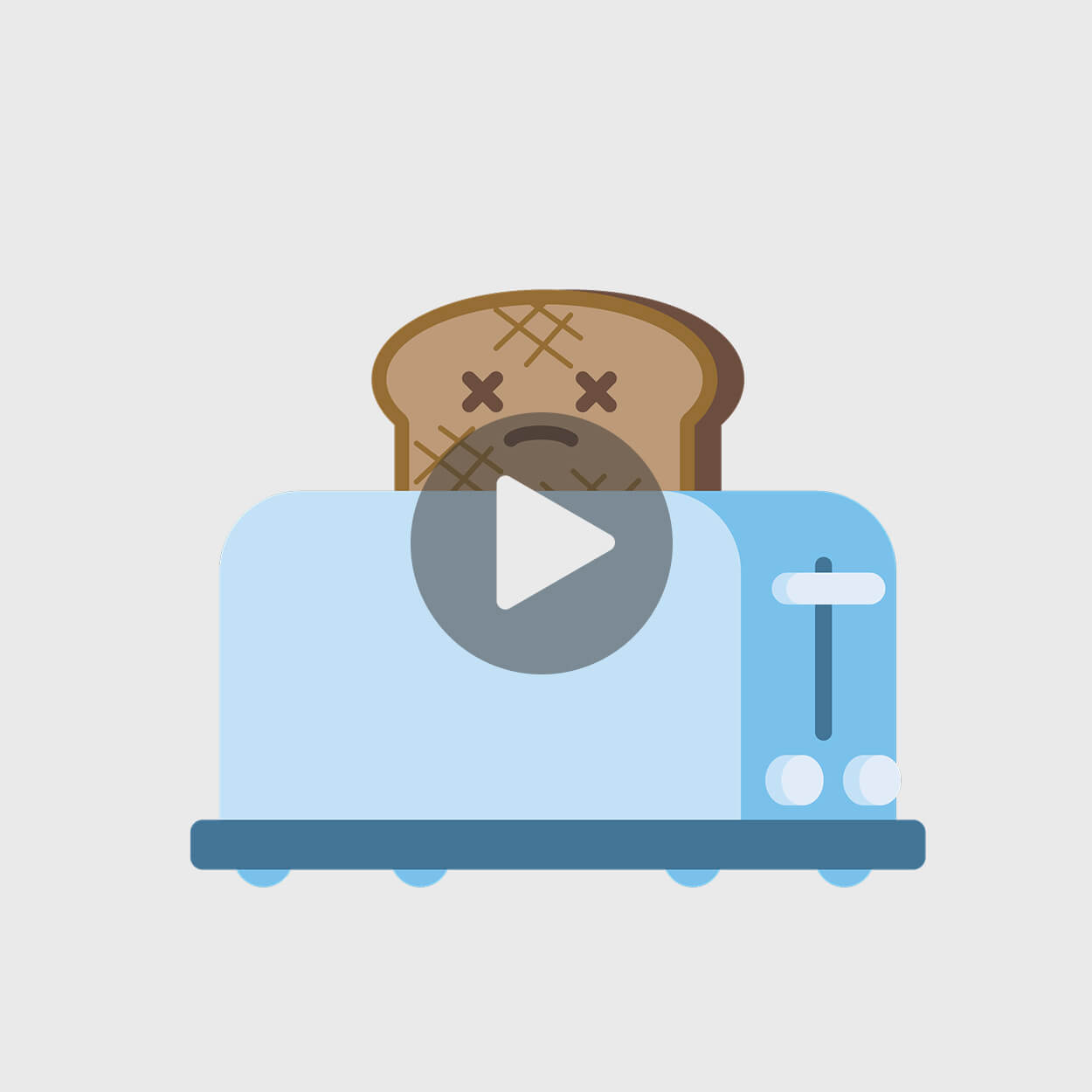 Blue toaster with a slice of sad-faced bread showing Xs for eyes partially toasted.
