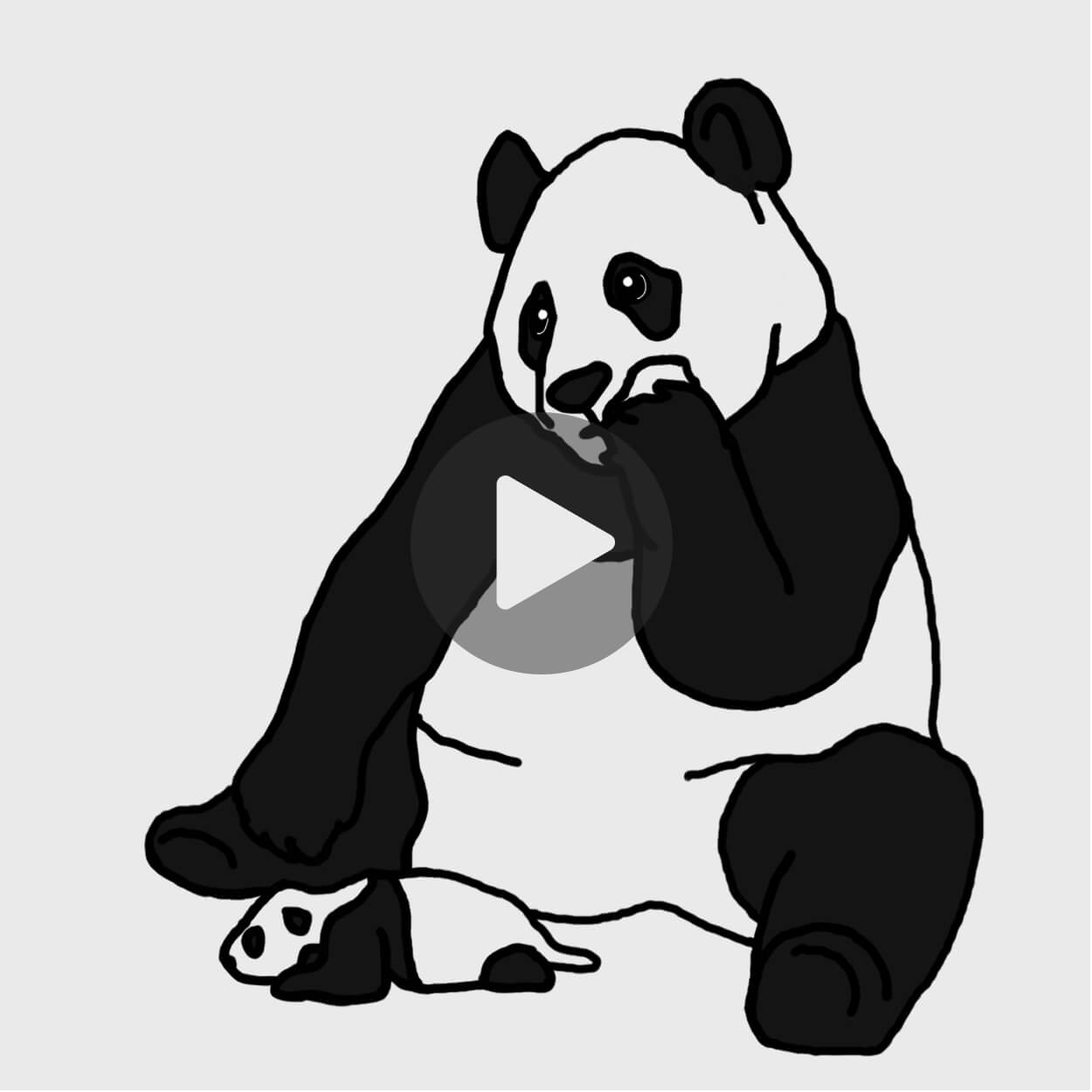 Illustration of a sad panda sitting with a smaller panda lying down beside it on a light gray background.
