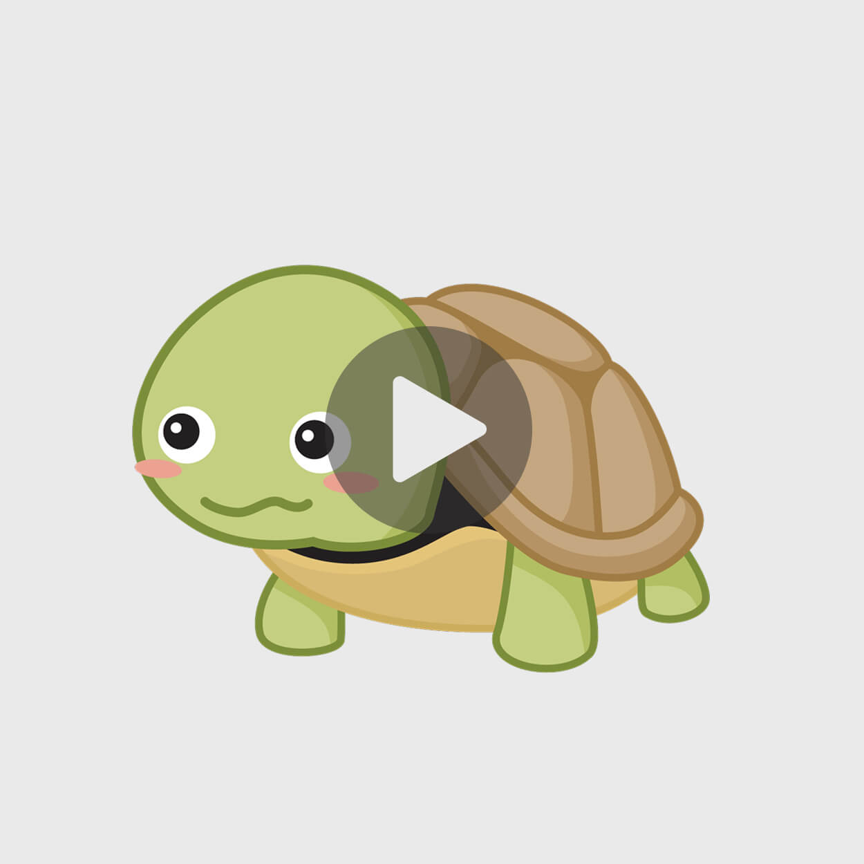 Cute cartoon turtle with big eyes and a brown shell on a light gray background.