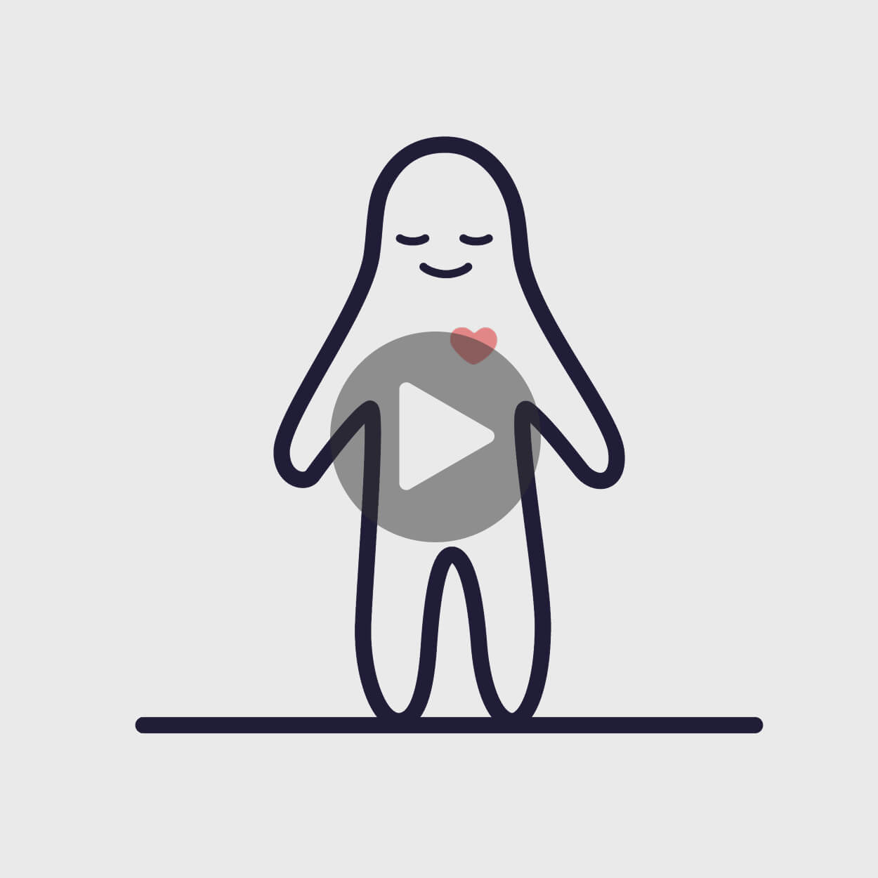 Simple black line drawing of a smiling figure with closed eyes and a small red heart near its chest, standing on a horizontal line.