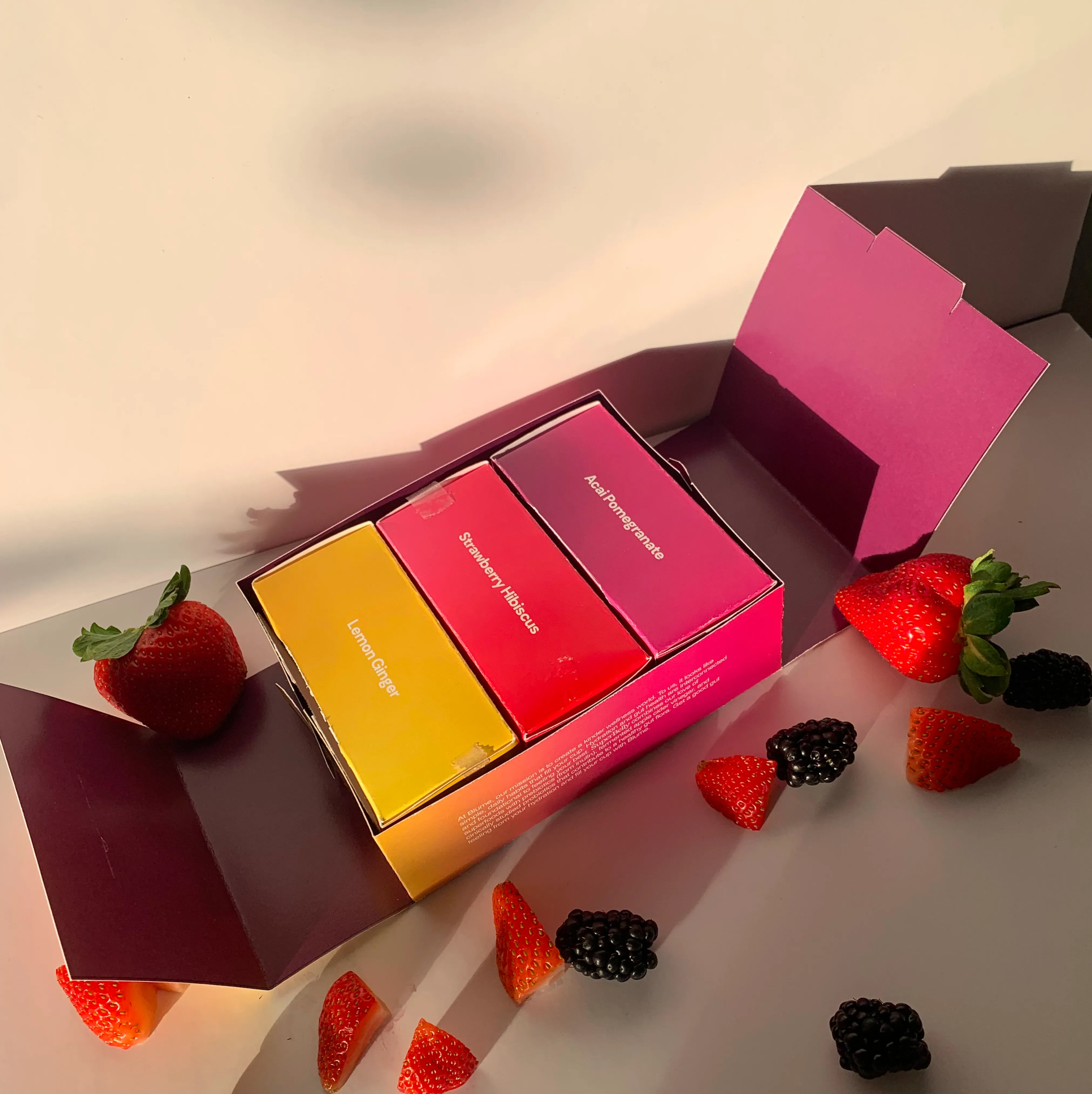 Image of Blume package redesign. The package is open showing the smaller boxes within.