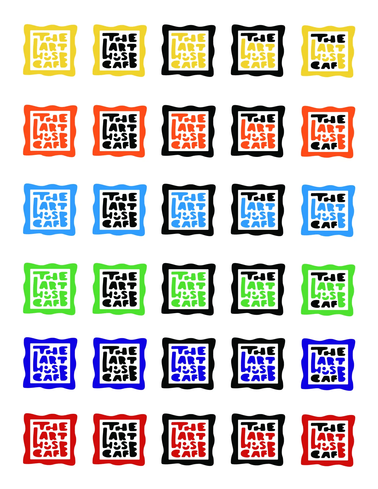 Grid of colorful square logos with wavy borders, each containing stylized text reading 'THE ART LOSS CAFE' in various color combinations of yellow, black, orange, blue, green, and red.