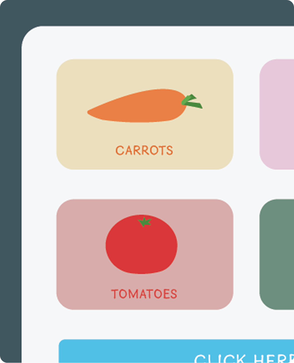 Illustrations of a carrot labeled 'CARROTS' and a tomato labeled 'TOMATOES' on colored rectangular backgrounds.
