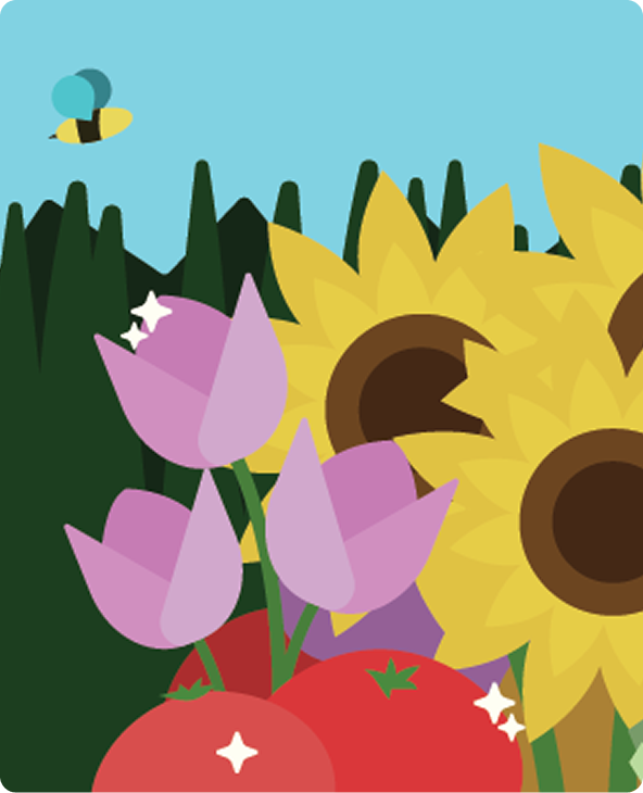 Illustration of a bee flying near purple tulips, yellow sunflowers, and red tomatoes with green foliage and a blue sky.