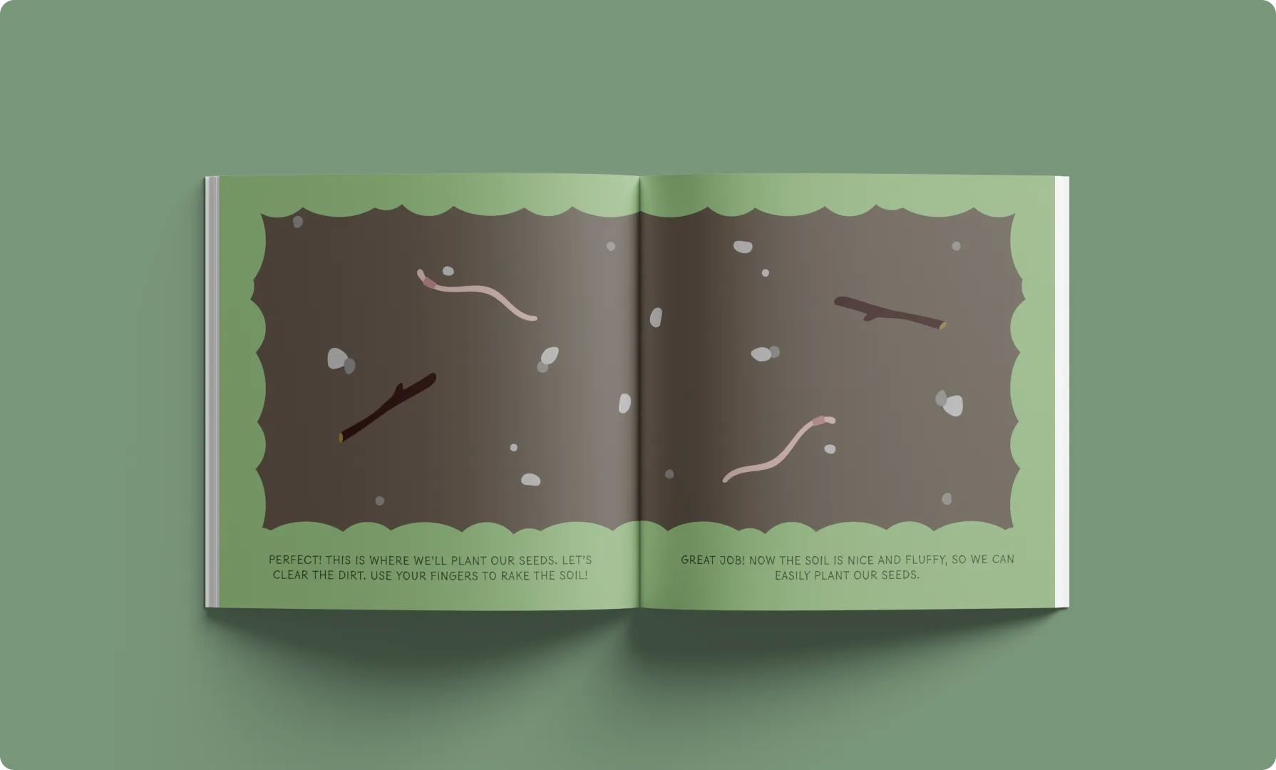 Open children's book illustration showing soil with small sticks, stones, and worms.