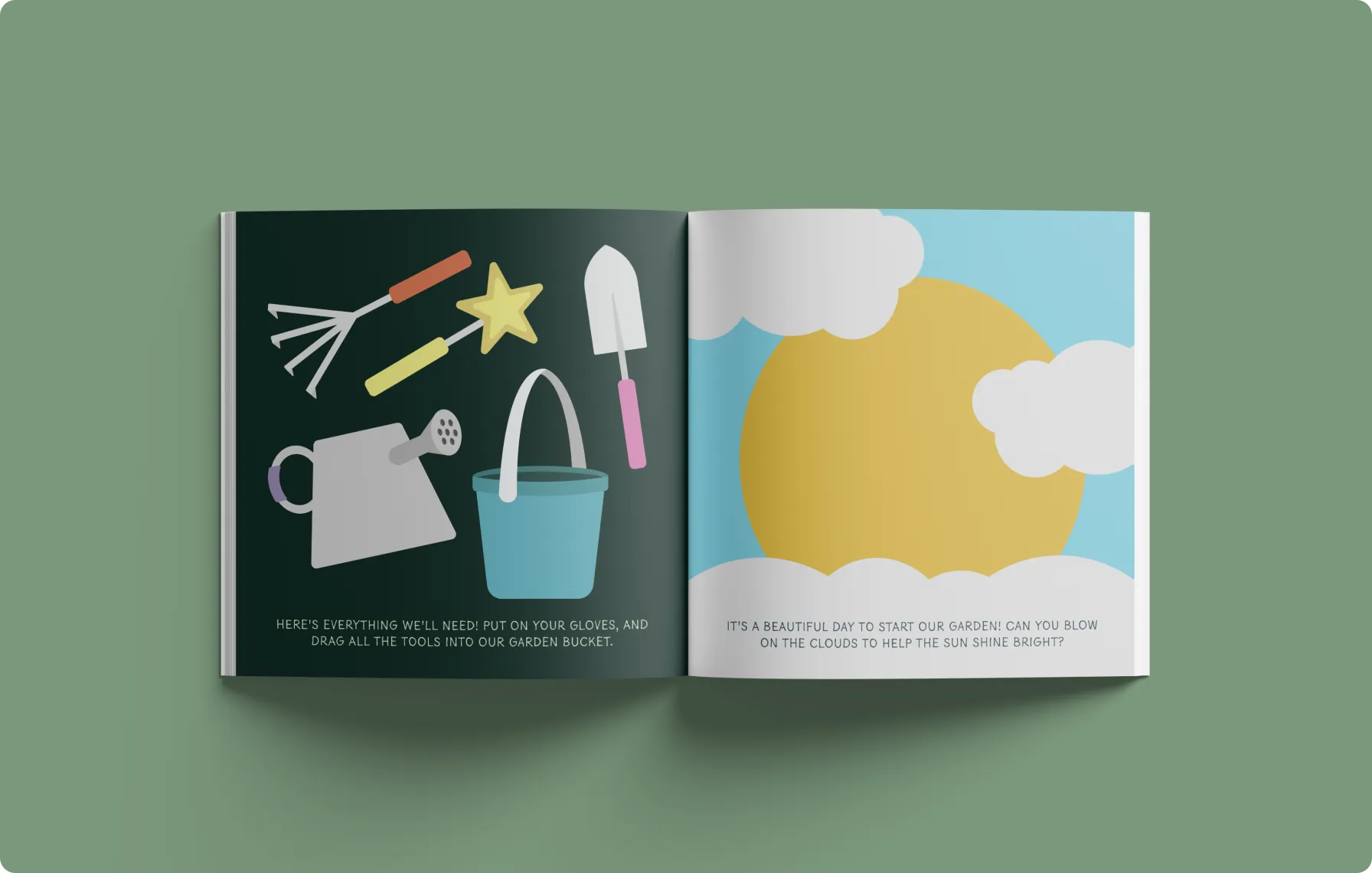 Open children's book showing garden tools on left page and a large yellow sun with clouds on right page.