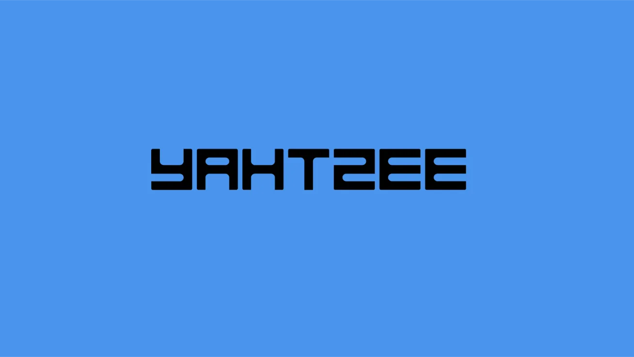 Black stylized text spelling 'YAHTZEE' on a solid blue background.