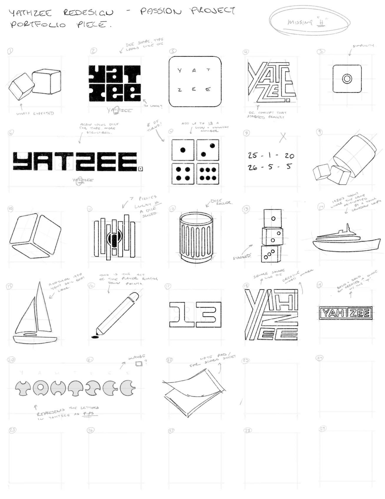 Hand-drawn sketches showing various logo and design concepts for a Yahtzee redesign project, including dice, typography, game pieces, and related icons with handwritten notes.