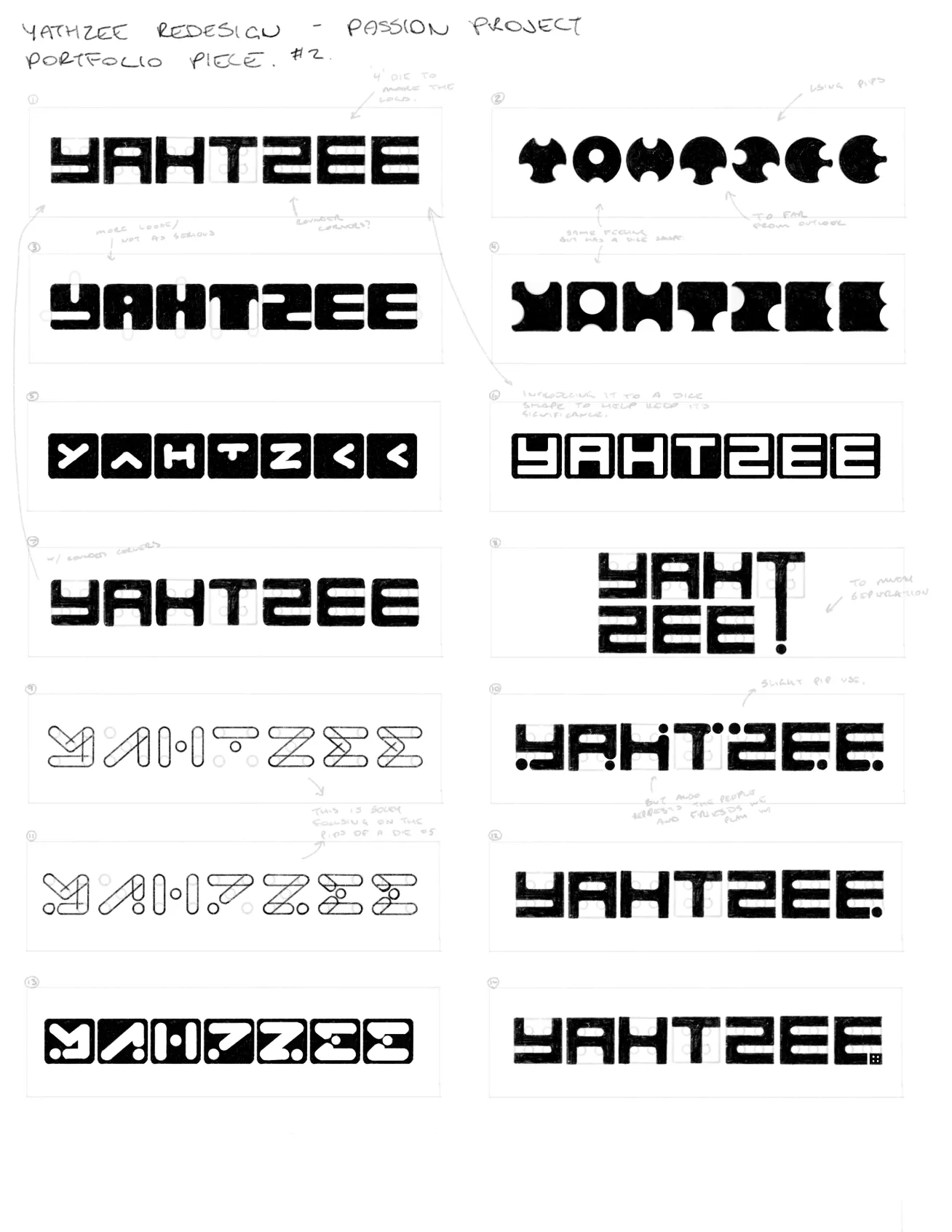 Hand-drawn sketches showing various stylized typography designs of the word YAHTZEE for a redesign passion project.