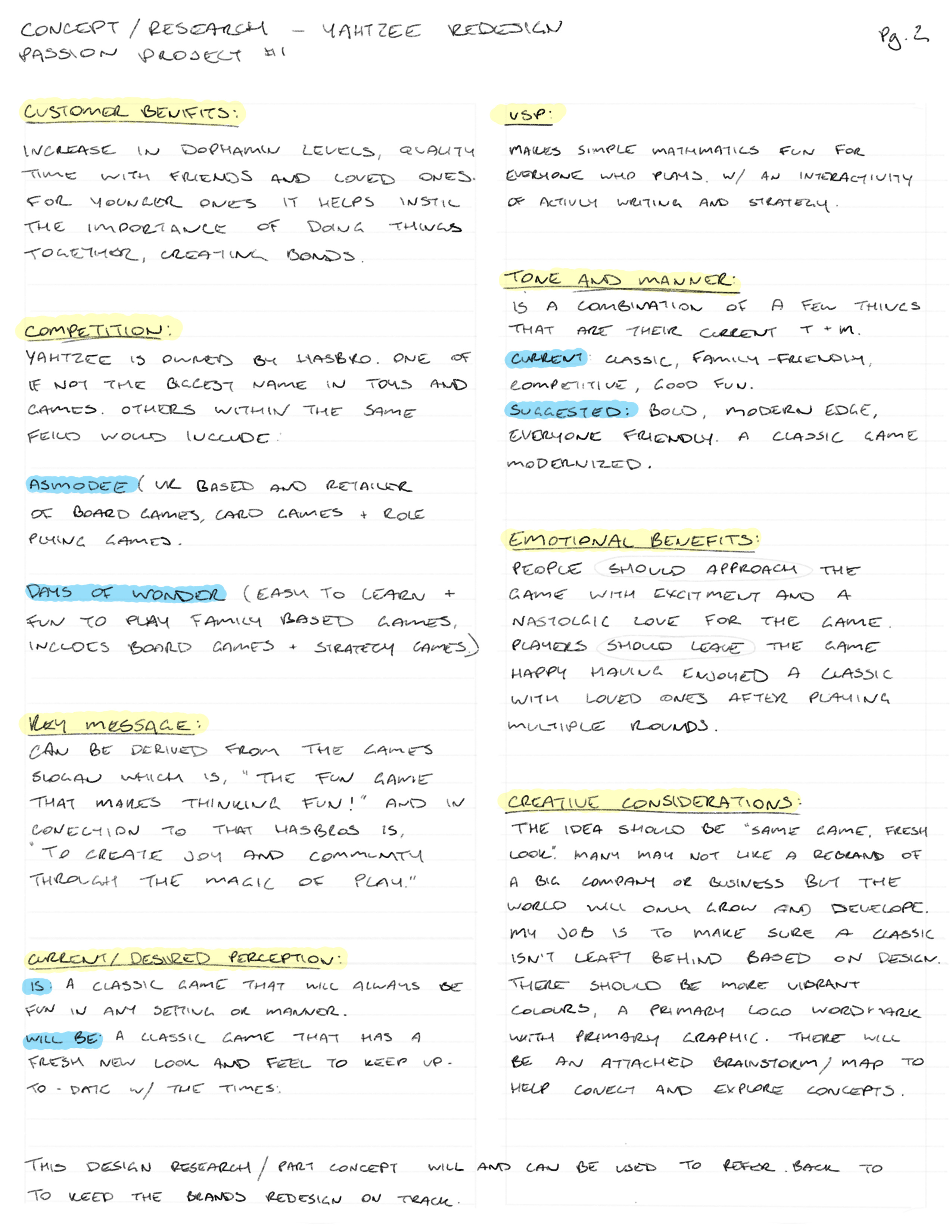 Handwritten concept research notes for Yahtzee redesign, highlighting customer benefits, competition, tone and manner, emotional benefits, and creative considerations with some text highlighted in yellow and blue.