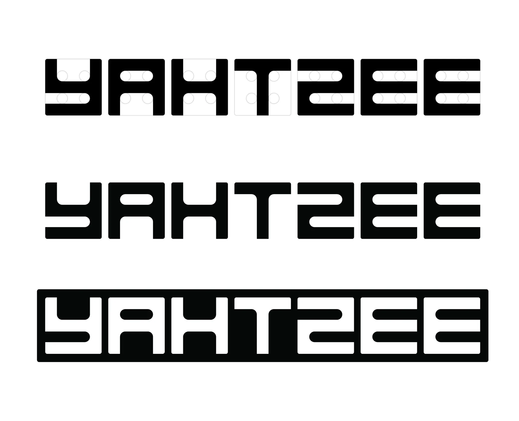 Three versions of the word 'YAHTZEE' the custom font, geometric black typography with dice face patterns integrated into the letters, shown without background, plain, and with a black rectangular border.