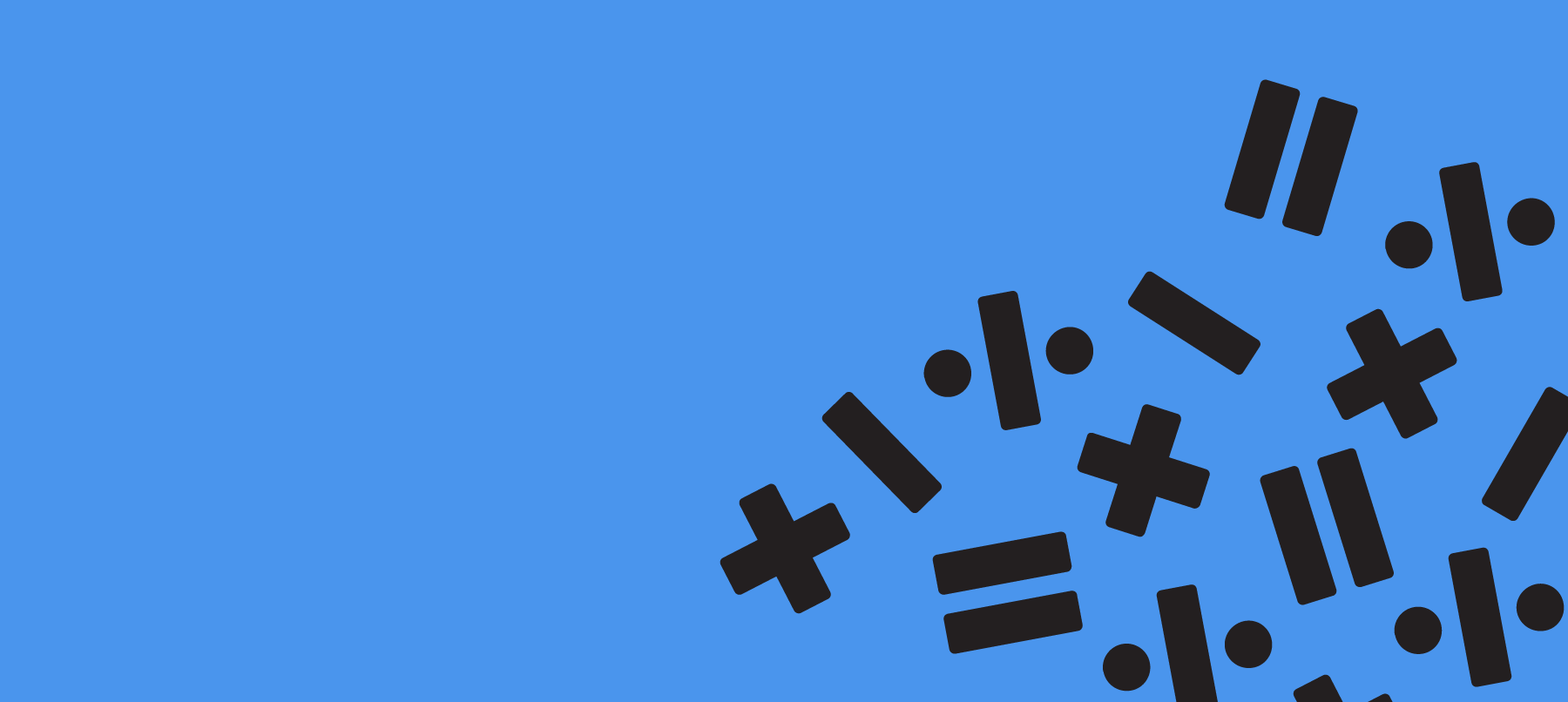 Blue background with scattered black mathematical symbols including plus signs, division bars, equal signs, and dots on the right side.