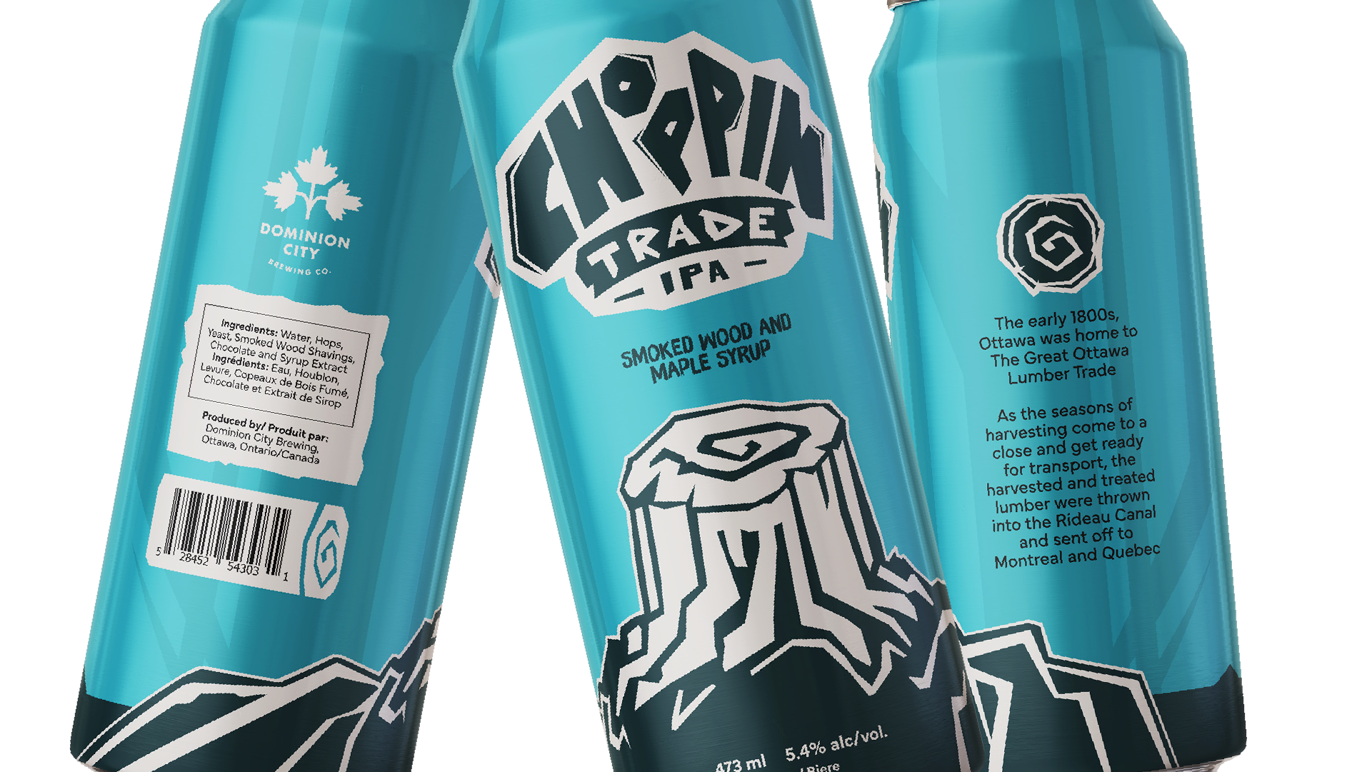 Three blue cans of Dominion City Brewing's Choppin Trade IPA with smoked wood and maple syrup flavor, illustrated tree stump, ingredients, and historical Ottawa lumber trade text.