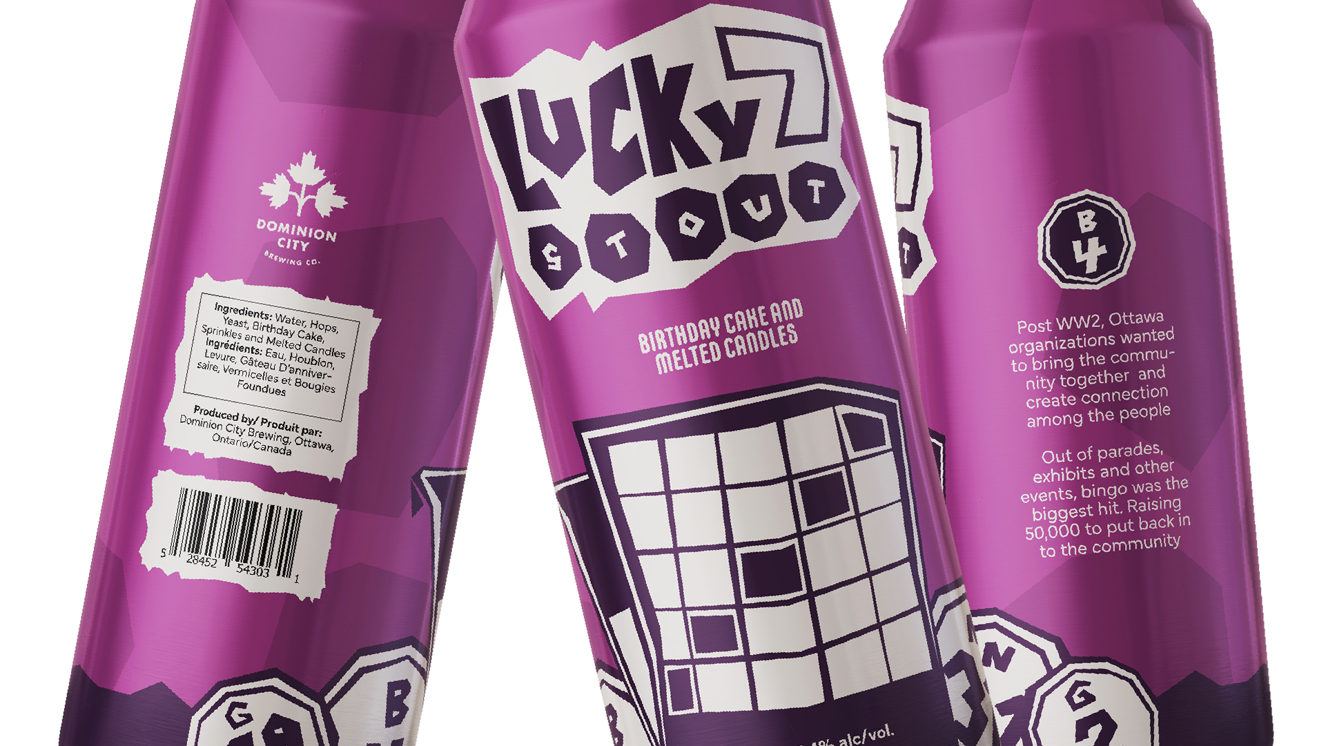 Three purple cans of Lucky 7 Stout beer with birthday cake and melted candles flavor, featuring bingo card graphics and product information.