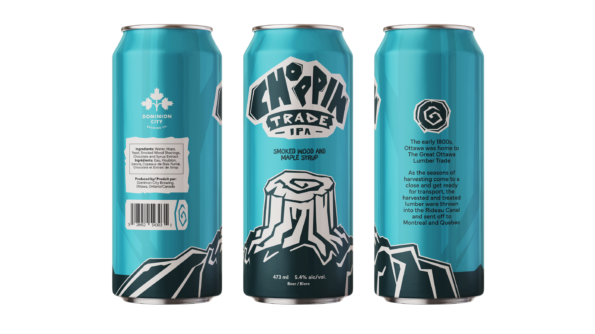 Three views of a blue Dominion City Brewing Co. Choppin Trade IPA can featuring maple syrup and smoked wood flavors with a tree stump illustration.
