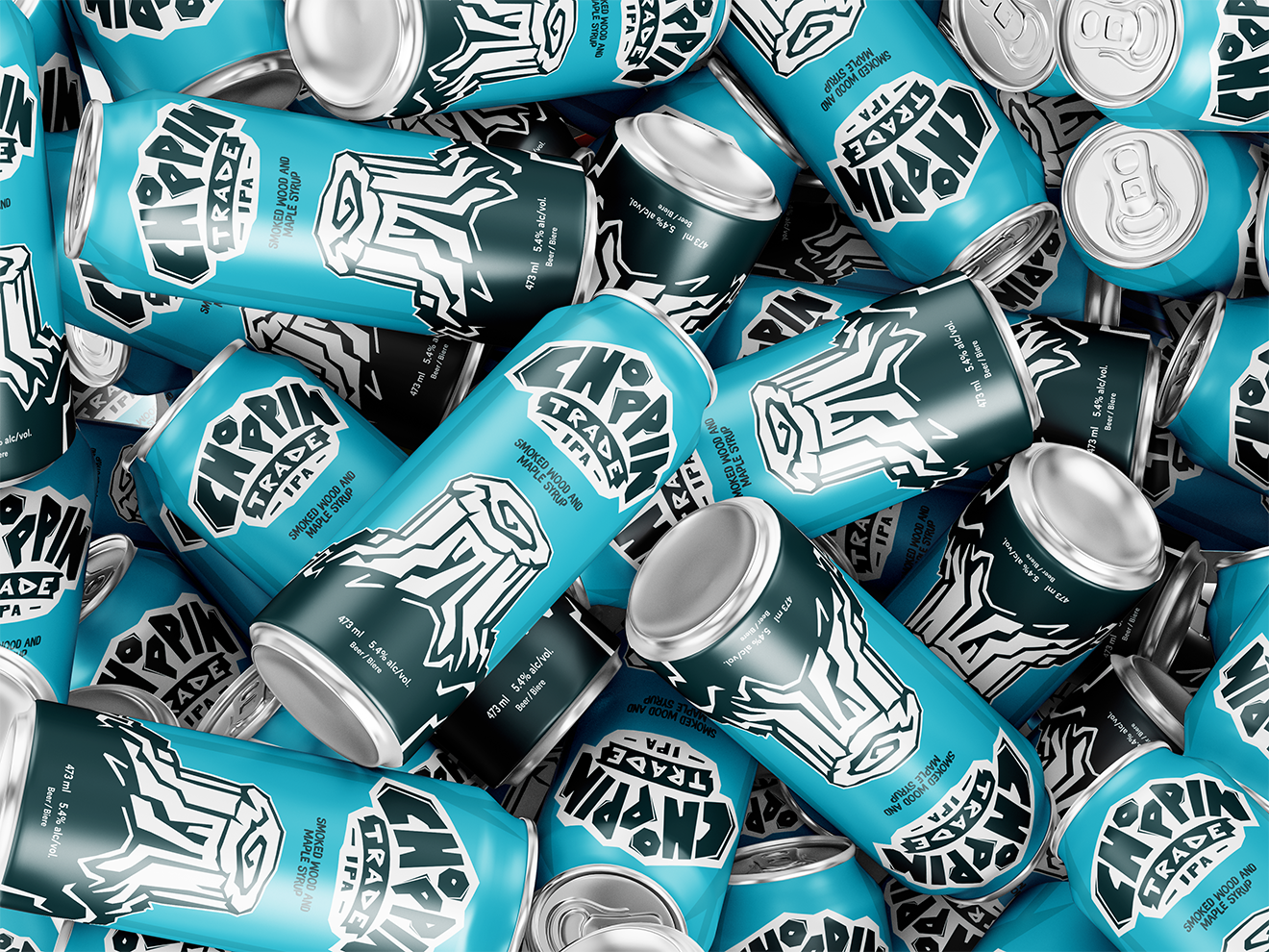 Pile of blue cans labeled Choppin Trade IPA with a stylized wood log graphic and text 'Smoked wood and maple syrup'.