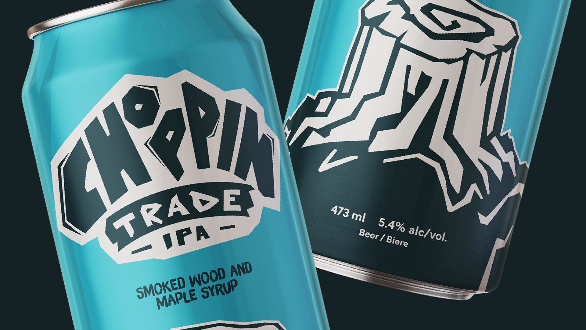 Two blue cans of Choppin Trade IPA beer with smoked wood and maple syrup flavor, one showing a stylized tree stump and the other a logo with bold text.