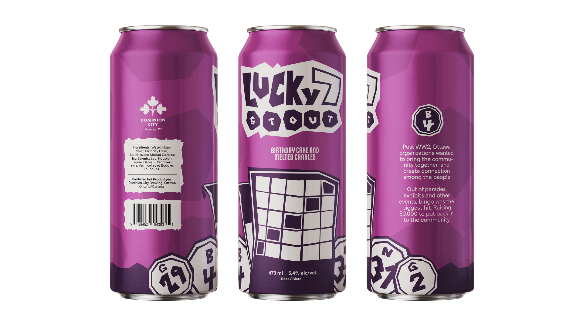 Three purple cans of Lucky Stout beer featuring a bingo card, bingo balls, and text about the beer and its community connection history.