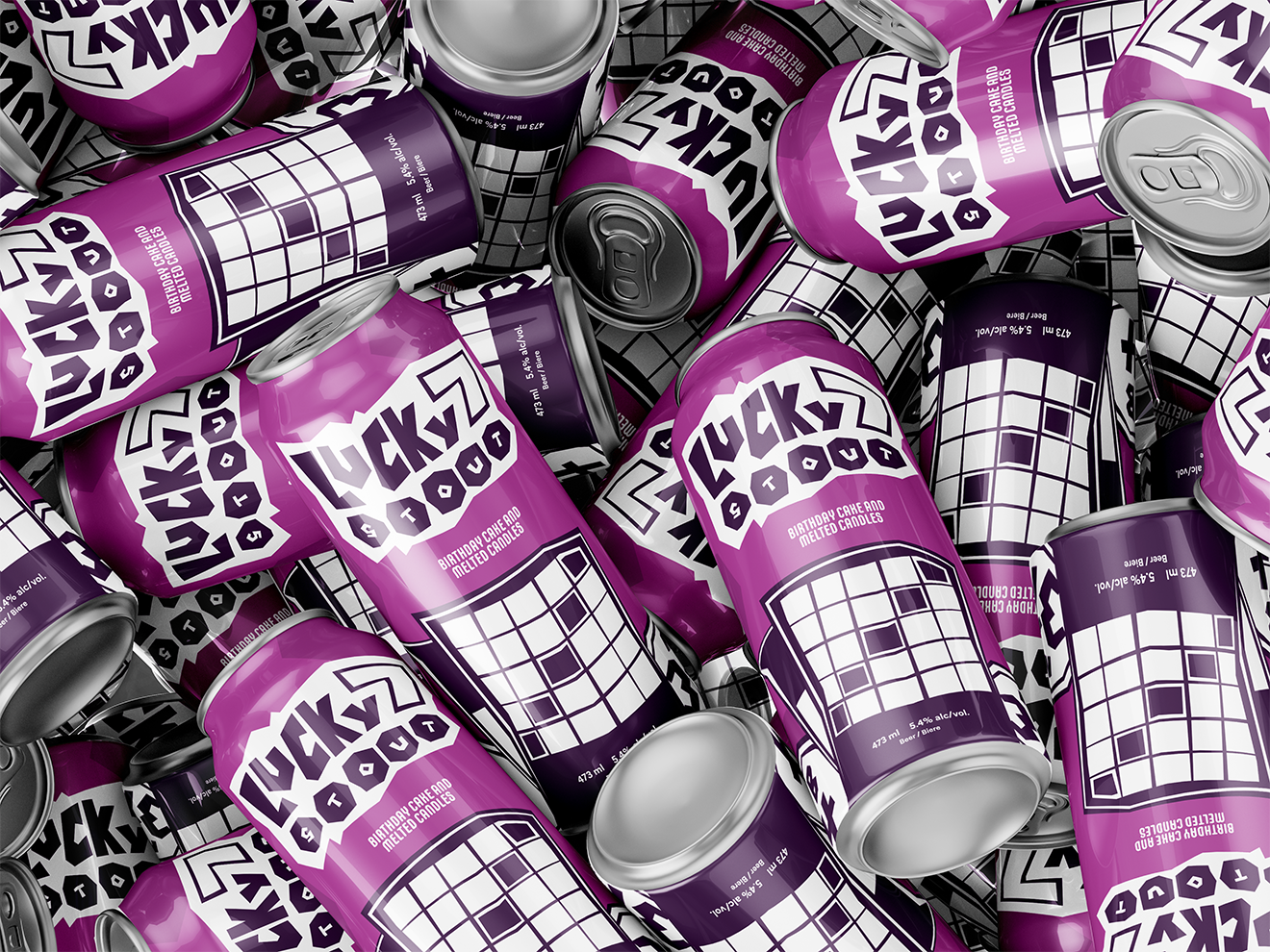 Pile of purple and white cans labeled Lucky Stout with birthday cake and melted candles flavor and a grid design.