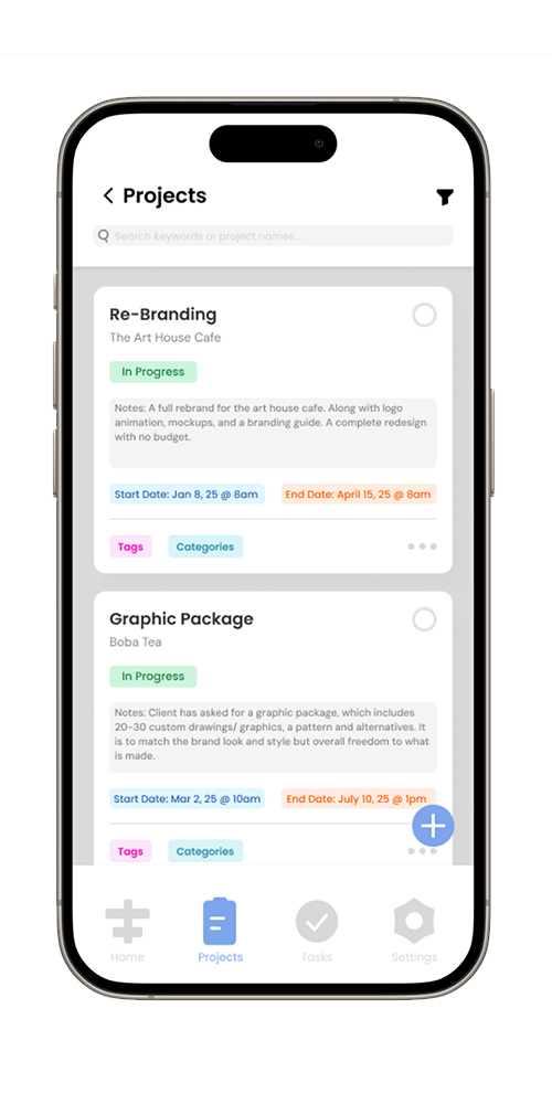 project screen view within the app