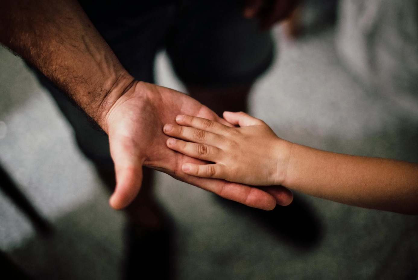 Close-up of an adult's hand holding a child's hand palm to palm.