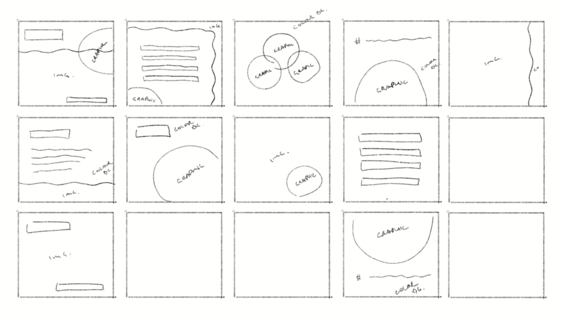 A grayscale hand-drawn sketch grid of 15 web page layout ideas featuring placeholders for images, graphics, labels, and text blocks with notes like 'color spl.' and 'graphic'.