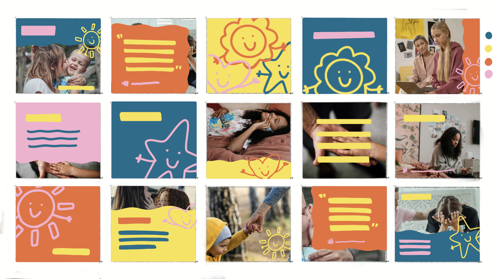 Grid of photos showing diverse people in supportive and happy moments, overlaid with colorful cartoon sun, heart, and star doodles and blocks of text in pink, yellow, blue, and orange.