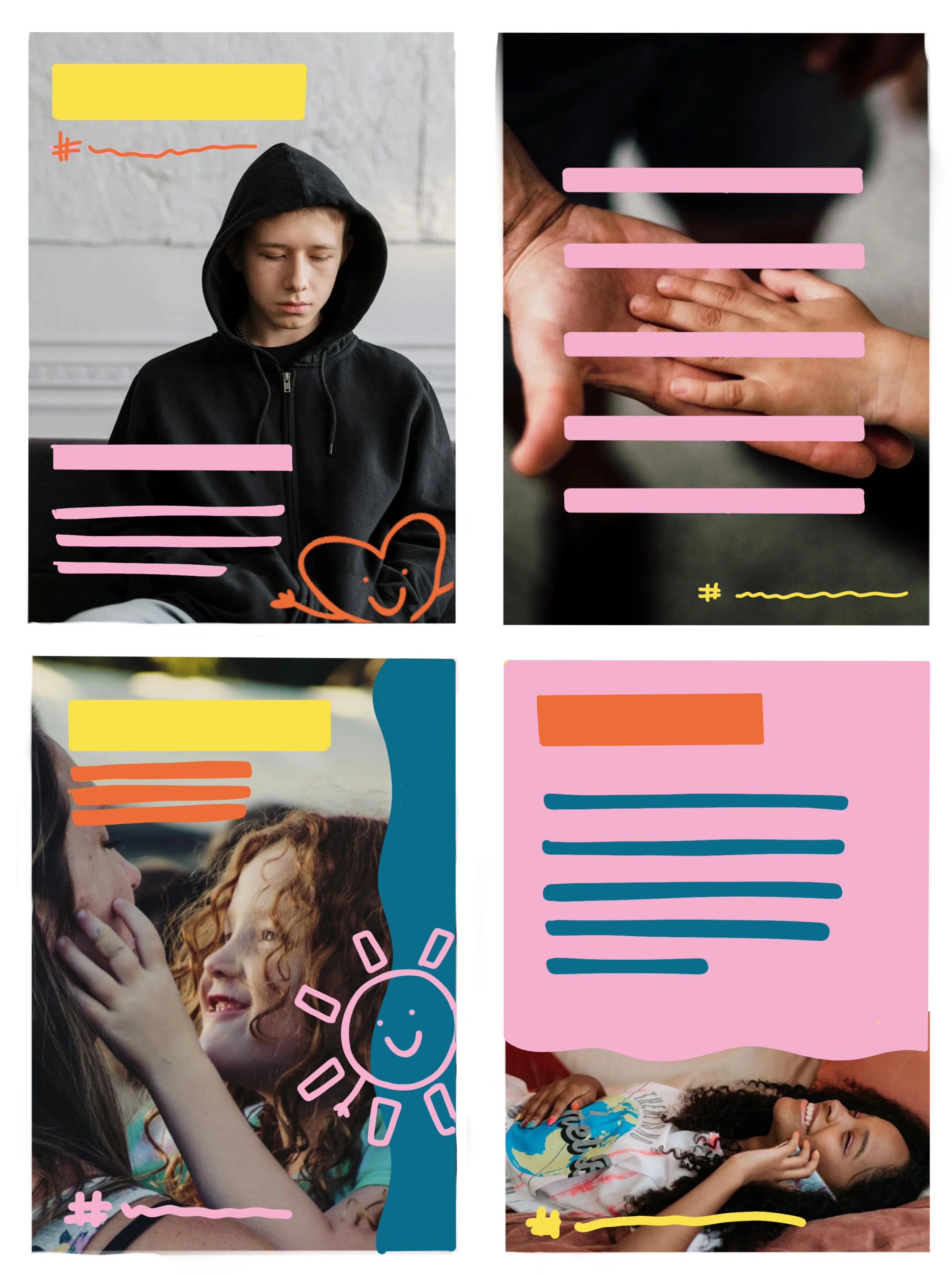 Four photos showing caring human connection: a young man in a black hoodie looking down, adult and child hands touching, a red-haired child touching a woman's face, and a smiling woman lying down.