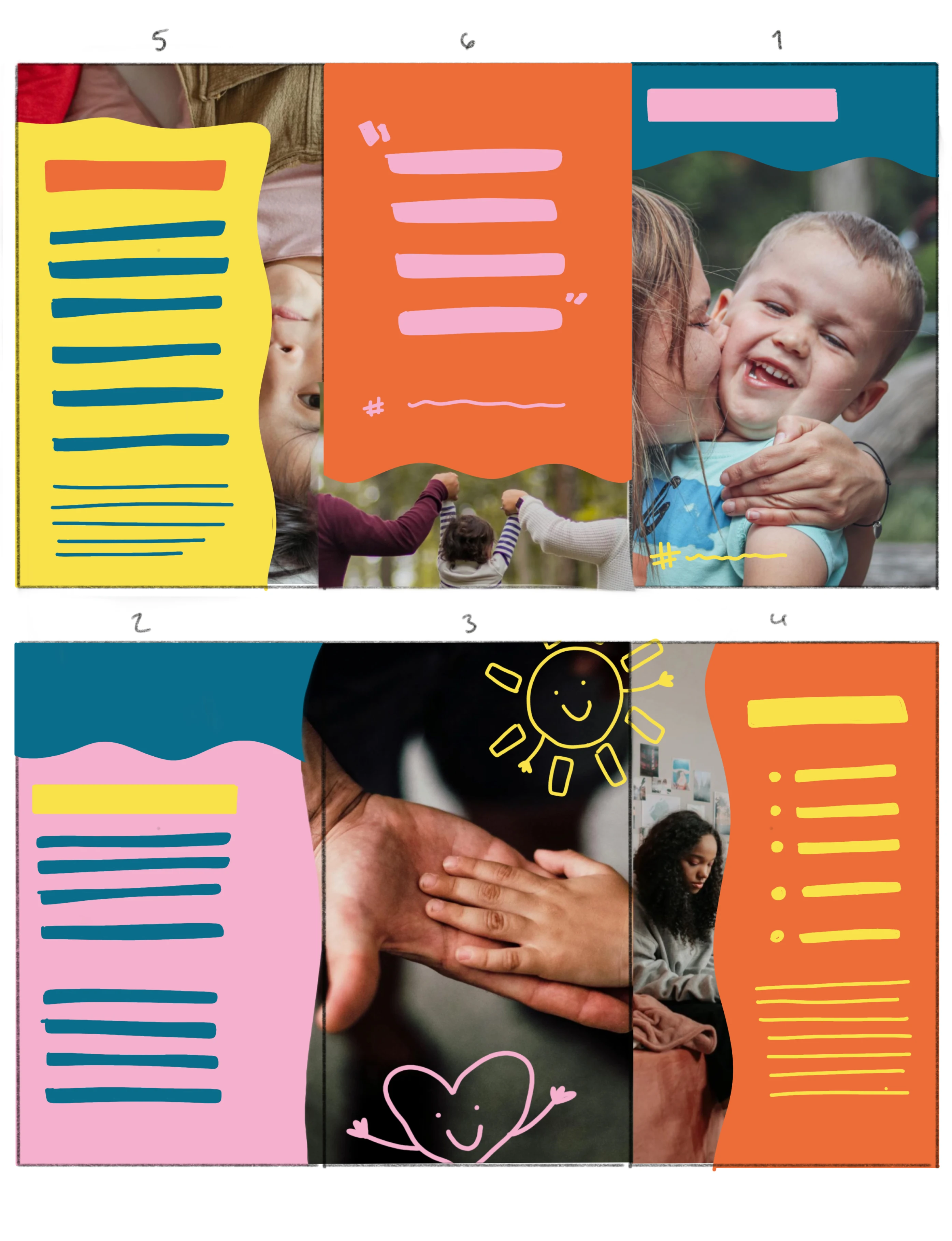 Trifold brochure with photos of a child being kissed, a child holding an adult’s hand, a child between two adults, and a woman sitting on a bed, combined with colorful text blocks and playful doodles of a sun and heart.