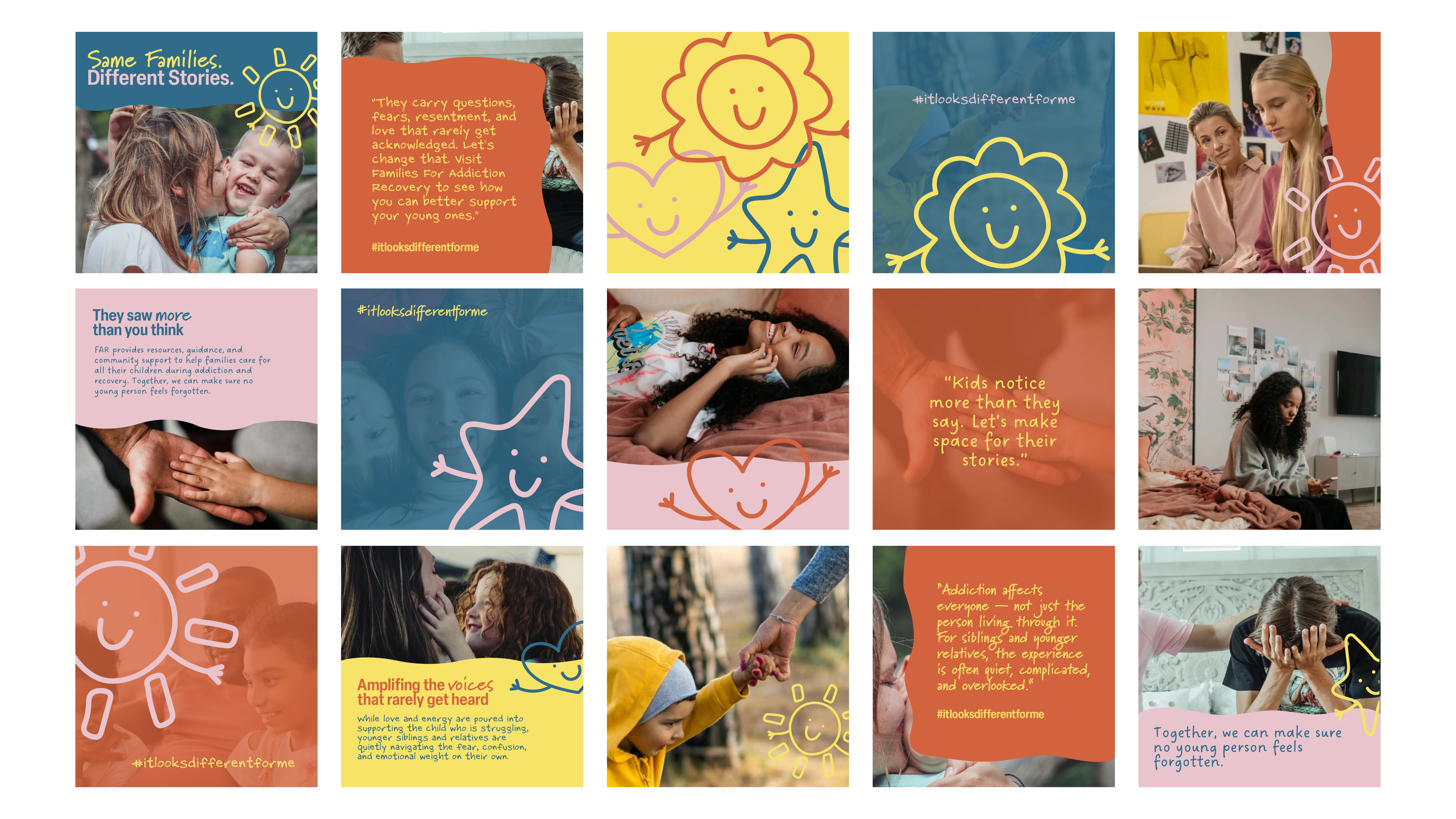 Collage of images and graphics highlighting family support during addiction recovery, showing diverse people, supportive messages, and joyful illustrations.