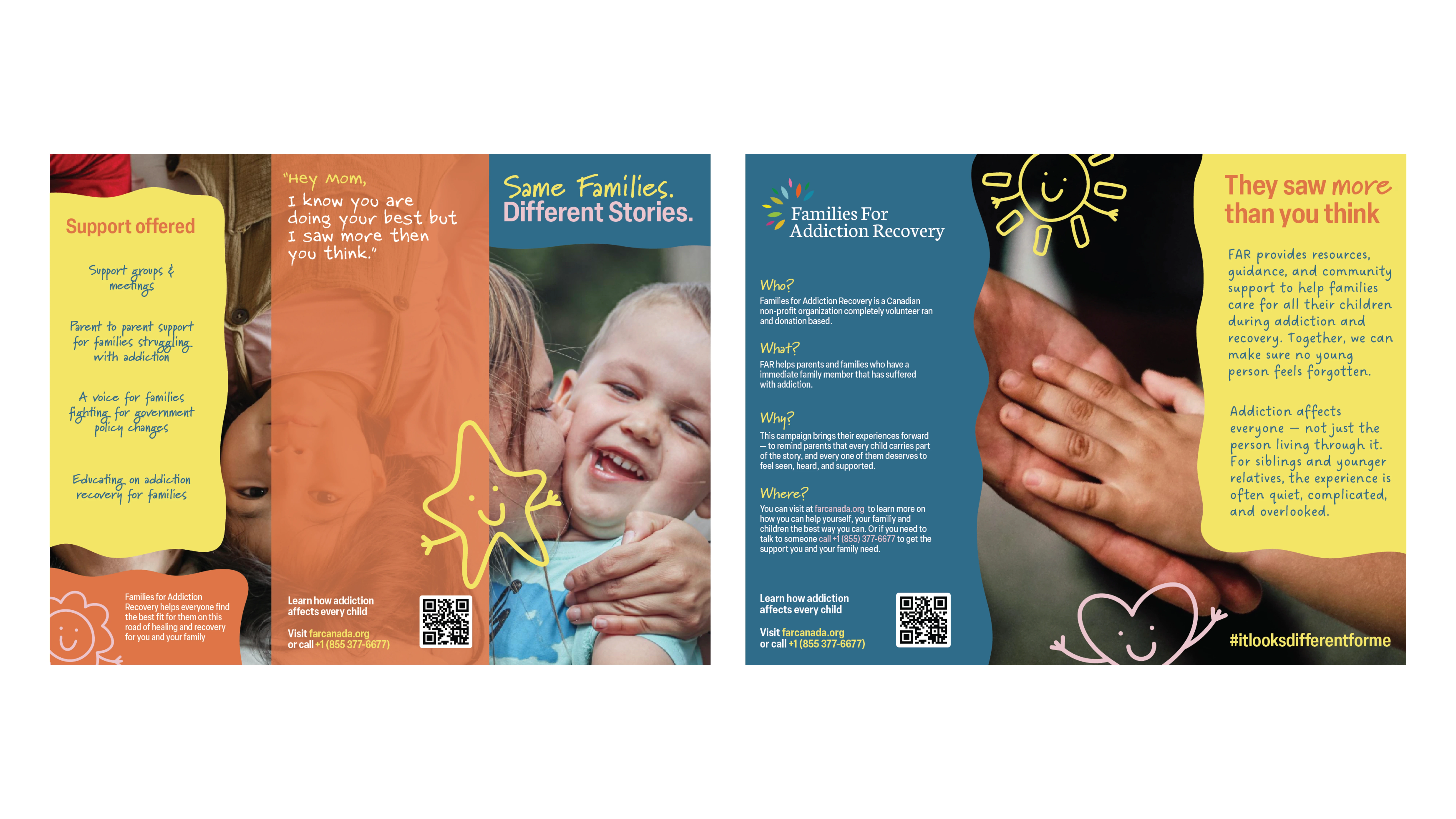 Awareness brochure from Families For Addiction Recovery with images of diverse children and supportive hands, highlighting support services and campaign details.