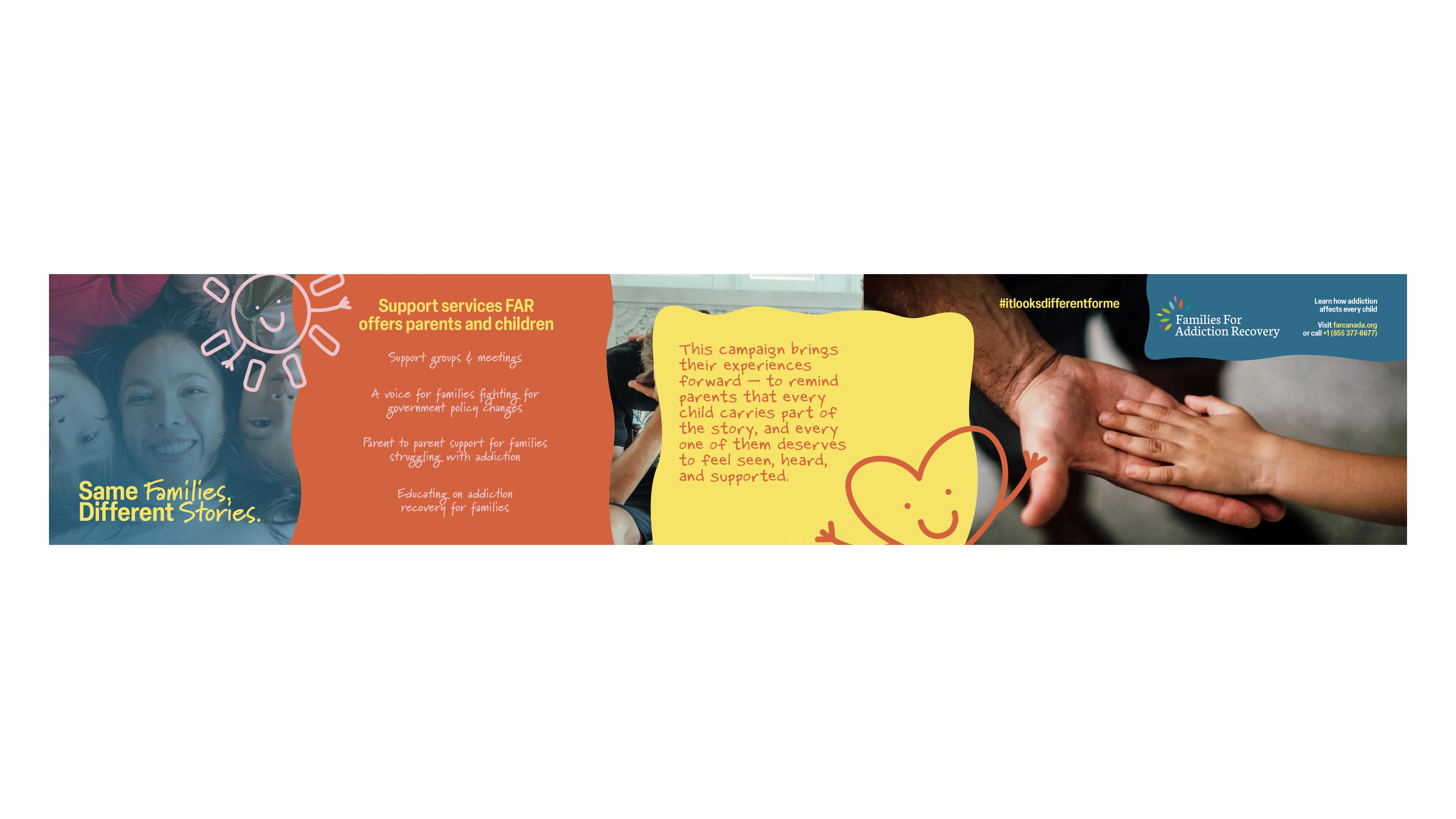 Banner showing diverse family members smiling and text advocating support services for families affected by addiction, including parent support and education.
