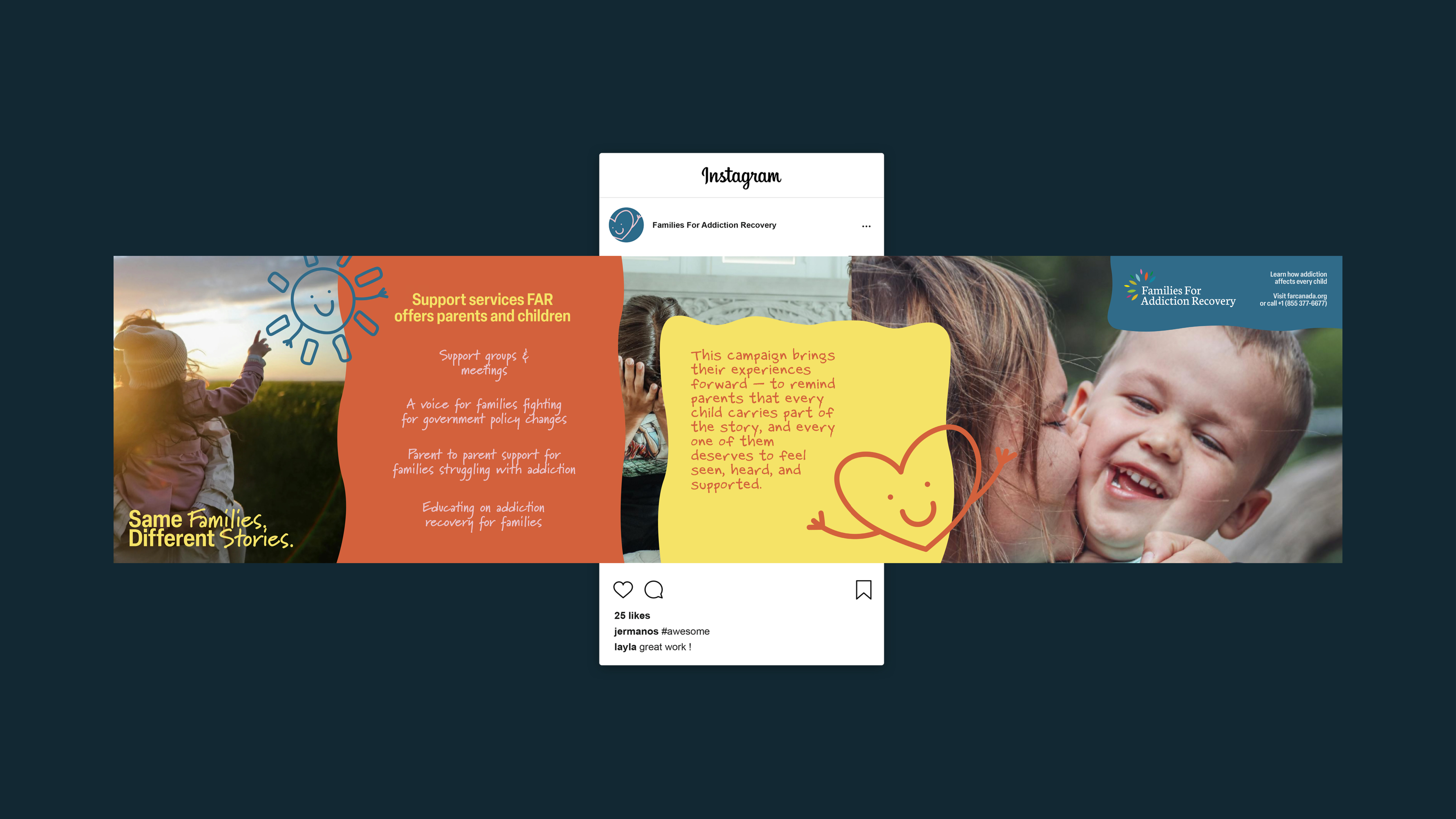 Instagram post from Families For Addiction Recovery showing a child pointing at a smiling sun drawing, text about support services for families, a woman with head in hands, and a smiling child with a woman, highlighting addiction recovery support for parents and children.