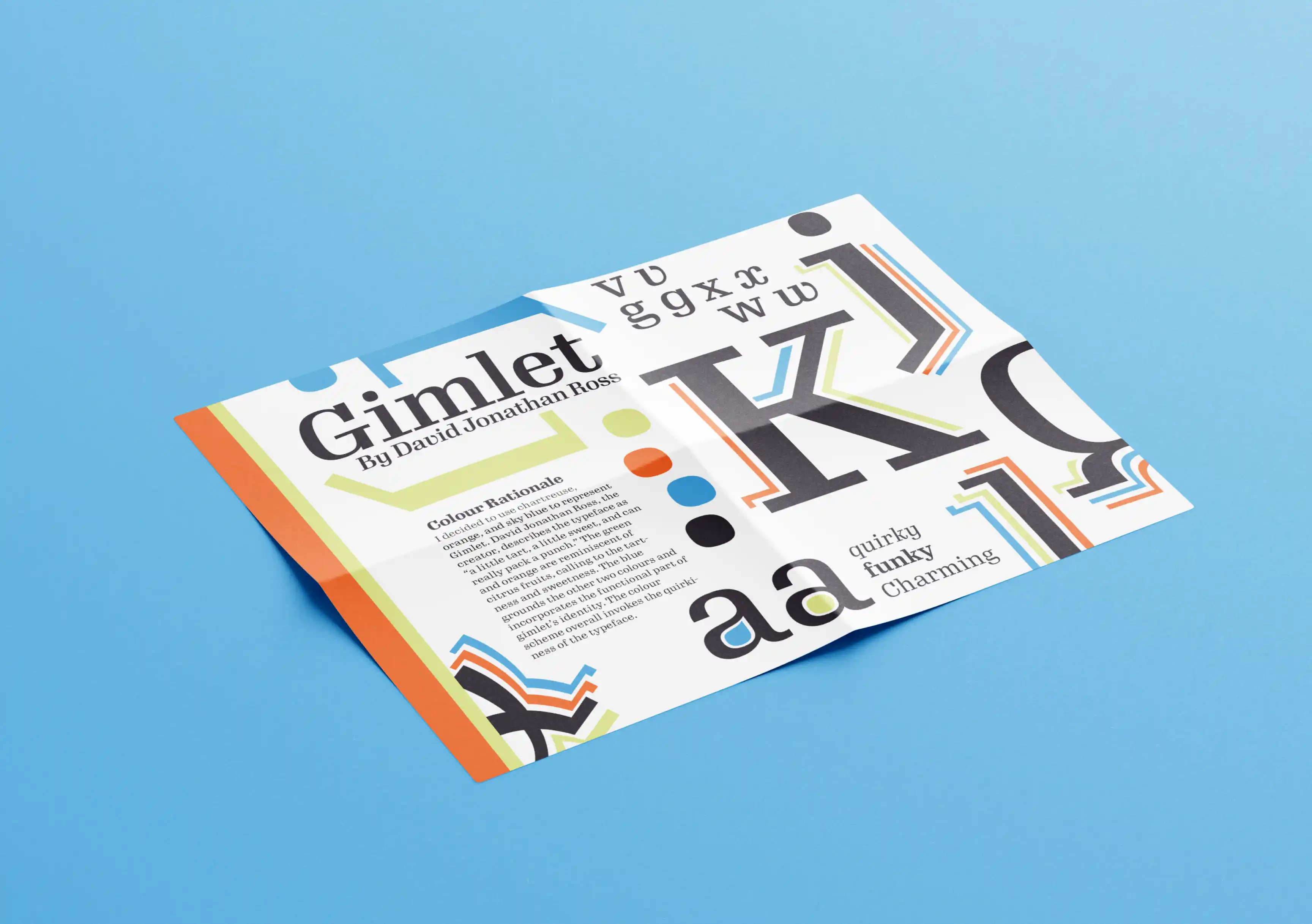 A mockup of a funky typeface poster focused on the typeface Gimlet.