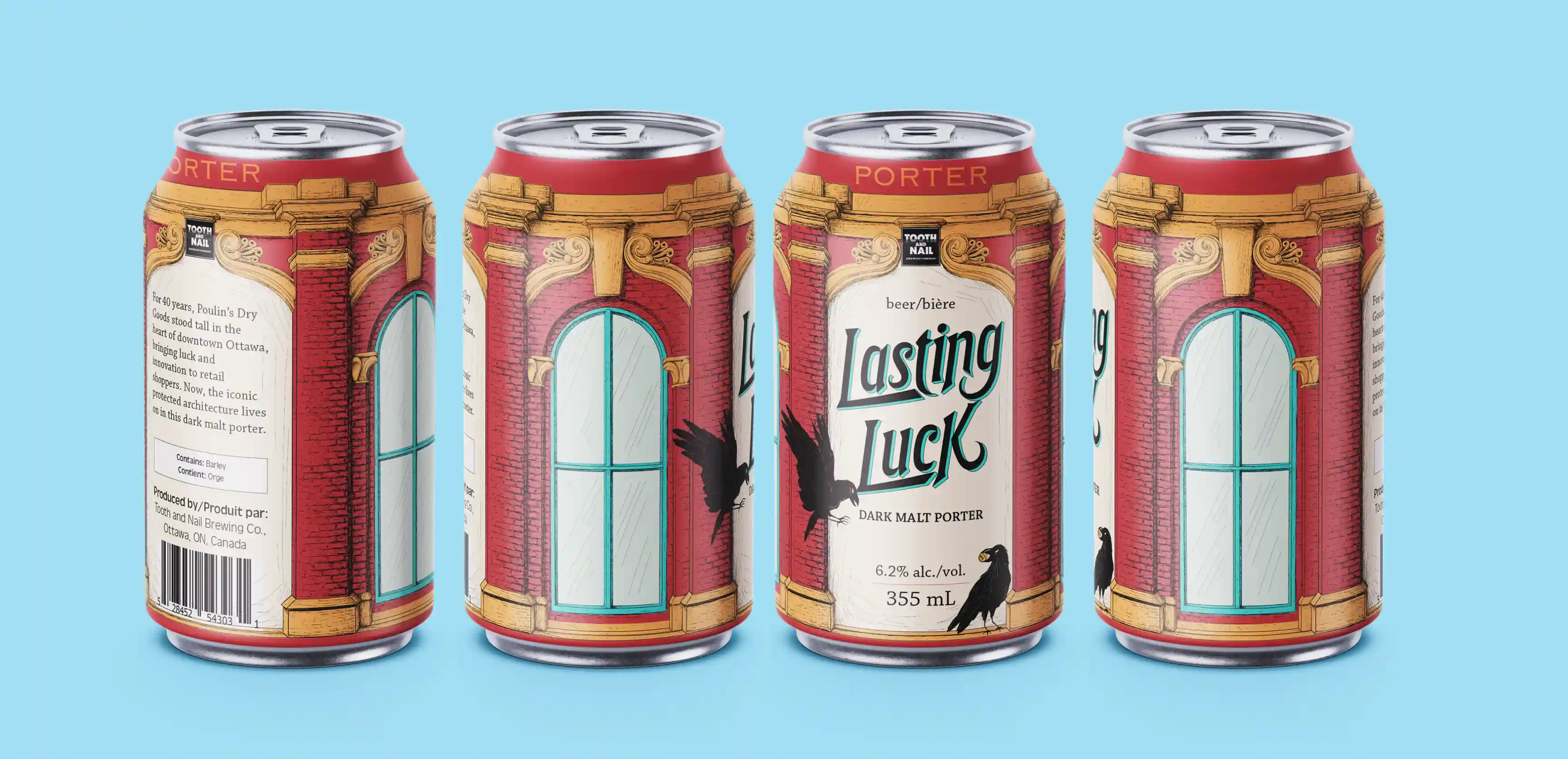 A mockup of 4 beer cans showcasing the full wraparound of the Lasting Luck label.