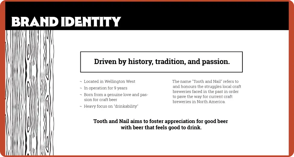 A slide analyzing Tooth and Nail's brand identity. It states: "Driven by history, tradition, and passion."