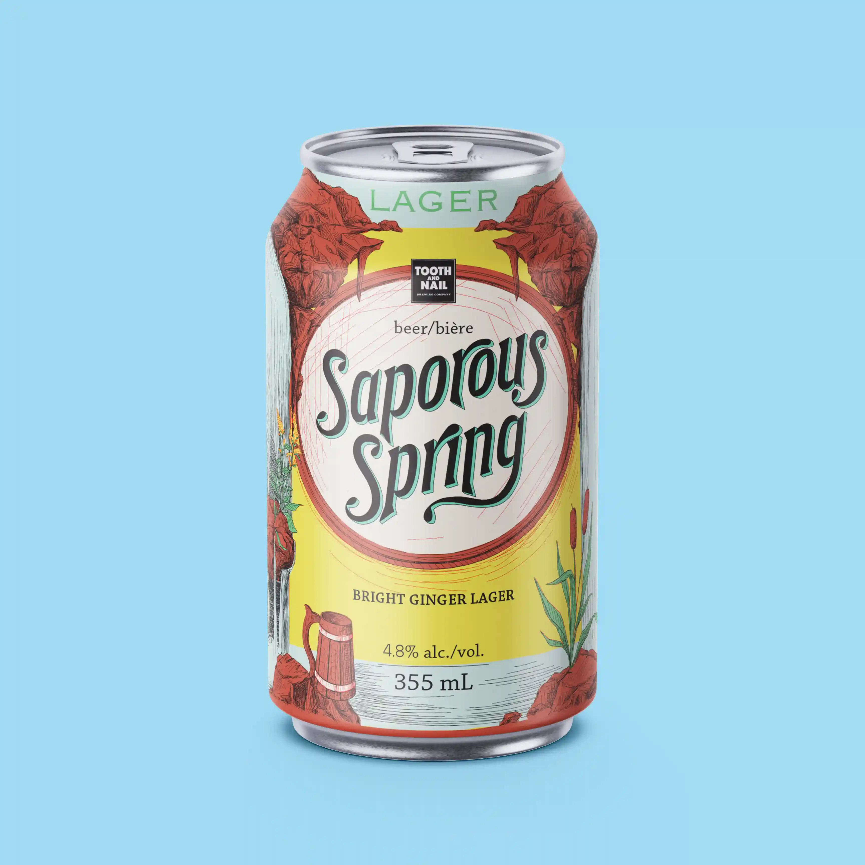 A Mockup displaying the front of the Saporous Spring label on a beer can.