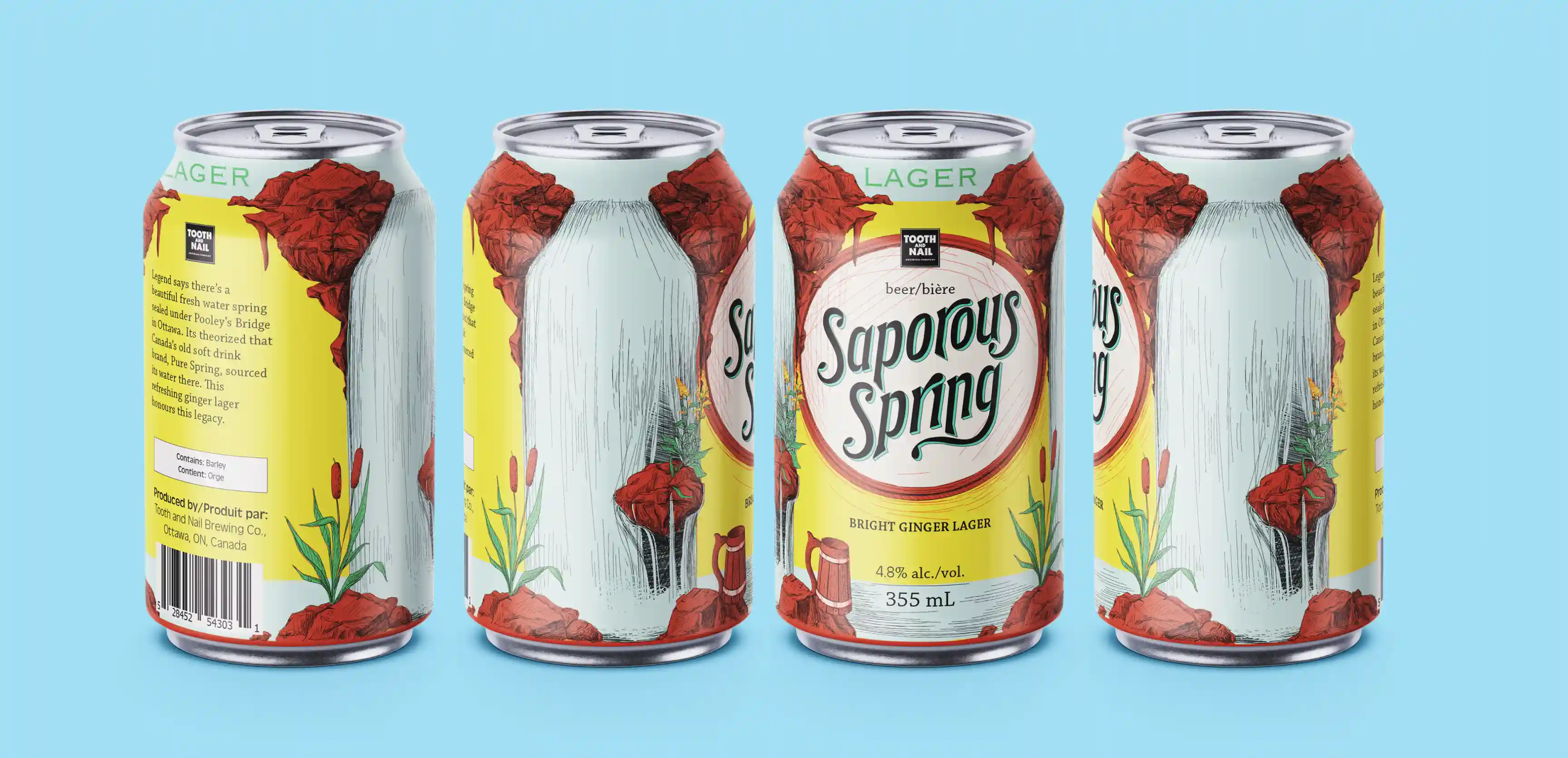 A mockup of 4 beer cans showcasing the full wraparound of the Saporous Spring label.
