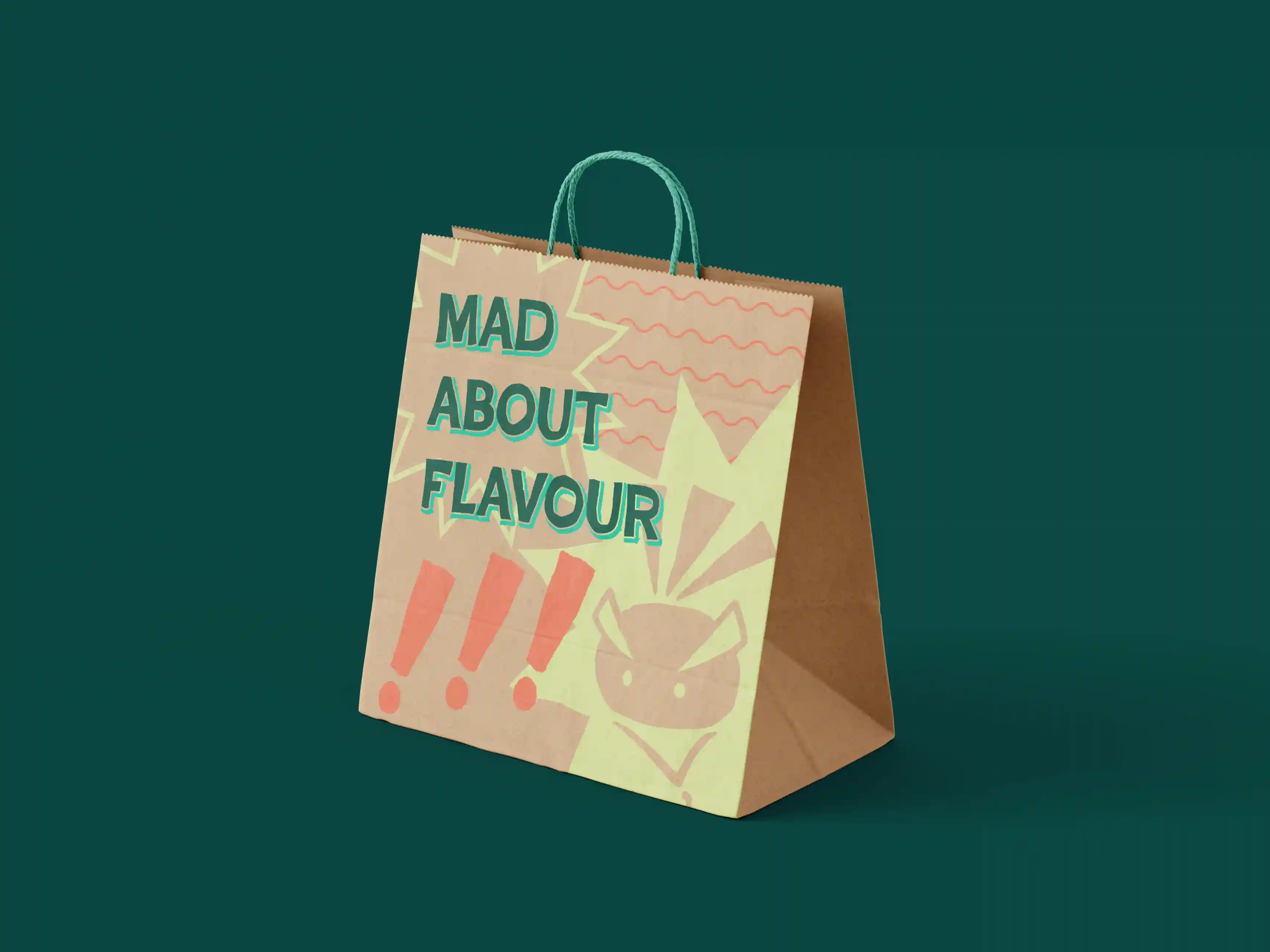 A mockup of the rebranded Mad Radish takeout bag design.