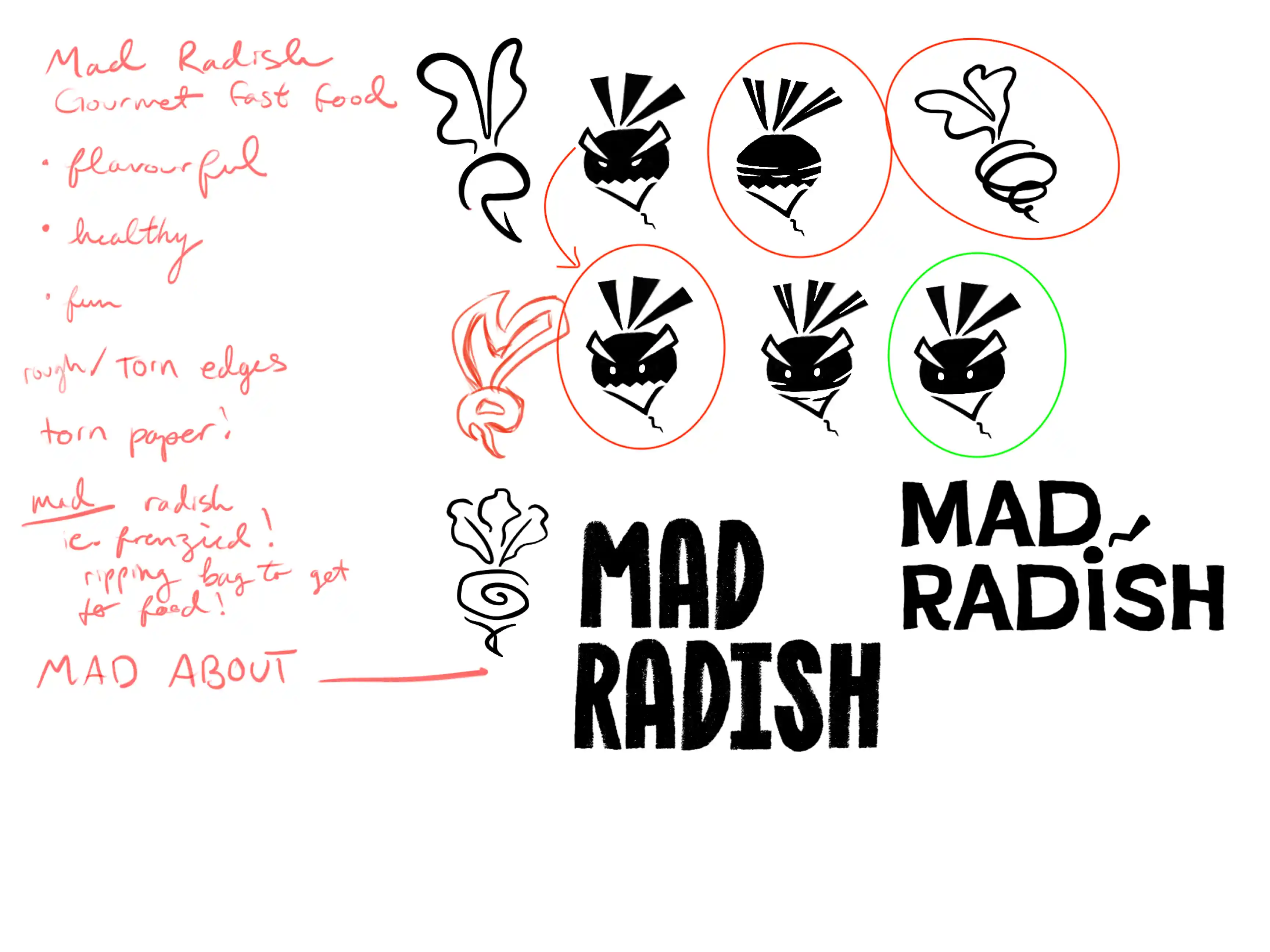 Ideation Sketches for Mad Radish's logo including variations on a "mad" radish and the letters "M" and "R".