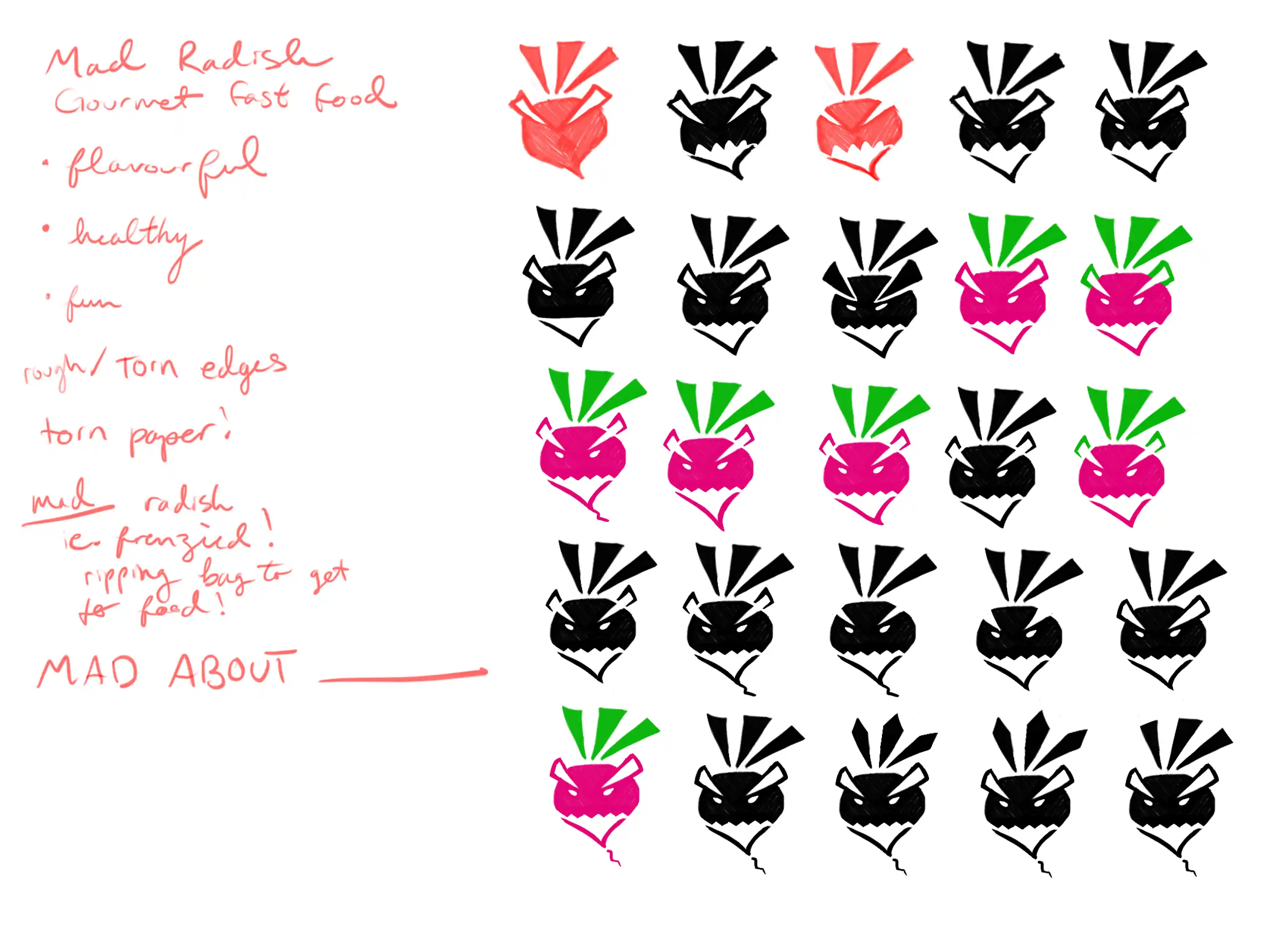 An array of ideation sketches of a "mad" radish logo with minute changes between one iteration and the next.